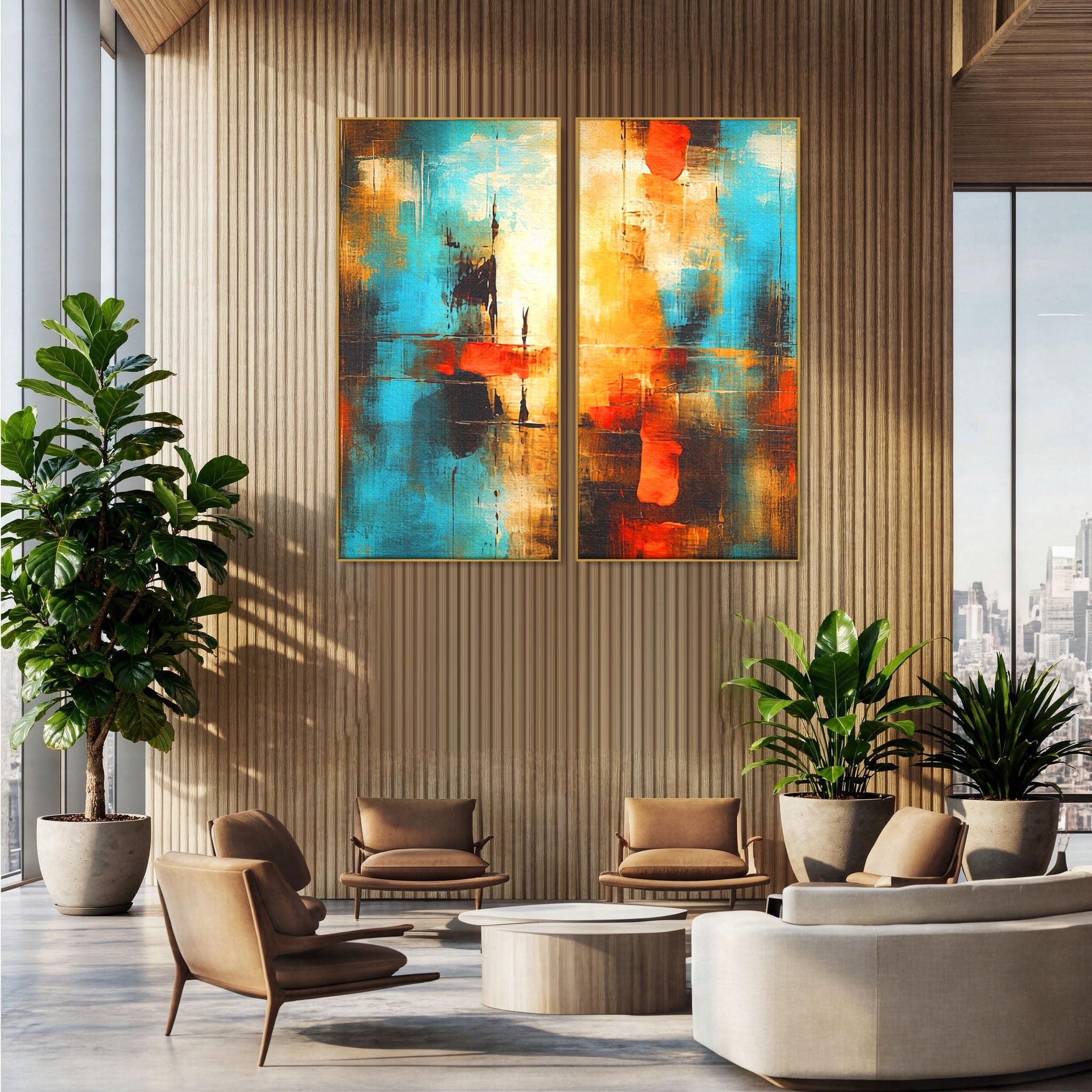 Set 2 Tablouri Canvas Premium LuxCanva® C2-1315, Ardere Lenta, Culori, Abstract, Dinamism, Modern, Portocaliu, Rosu, Albastru, Mare, Vapoare, Fereastra, Cer, Arhitectural, Ziduri, Birou, Living, Dormitor