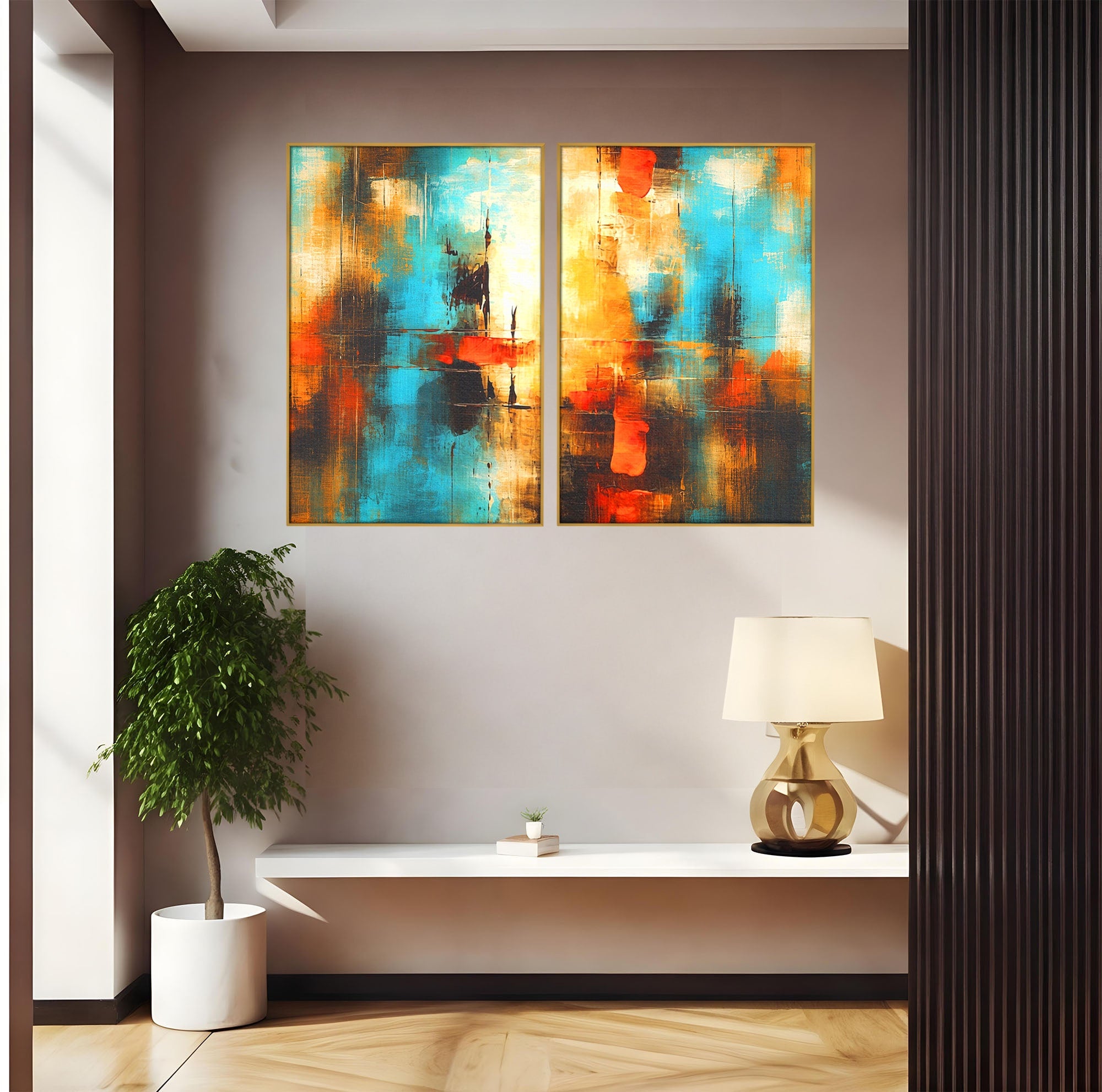 Set 2 Tablouri Canvas Premium LuxCanva® C2-1315, Ardere Lenta, Culori, Abstract, Dinamism, Modern, Portocaliu, Rosu, Albastru, Mare, Vapoare, Fereastra, Cer, Arhitectural, Ziduri, Birou, Living, Dormitor