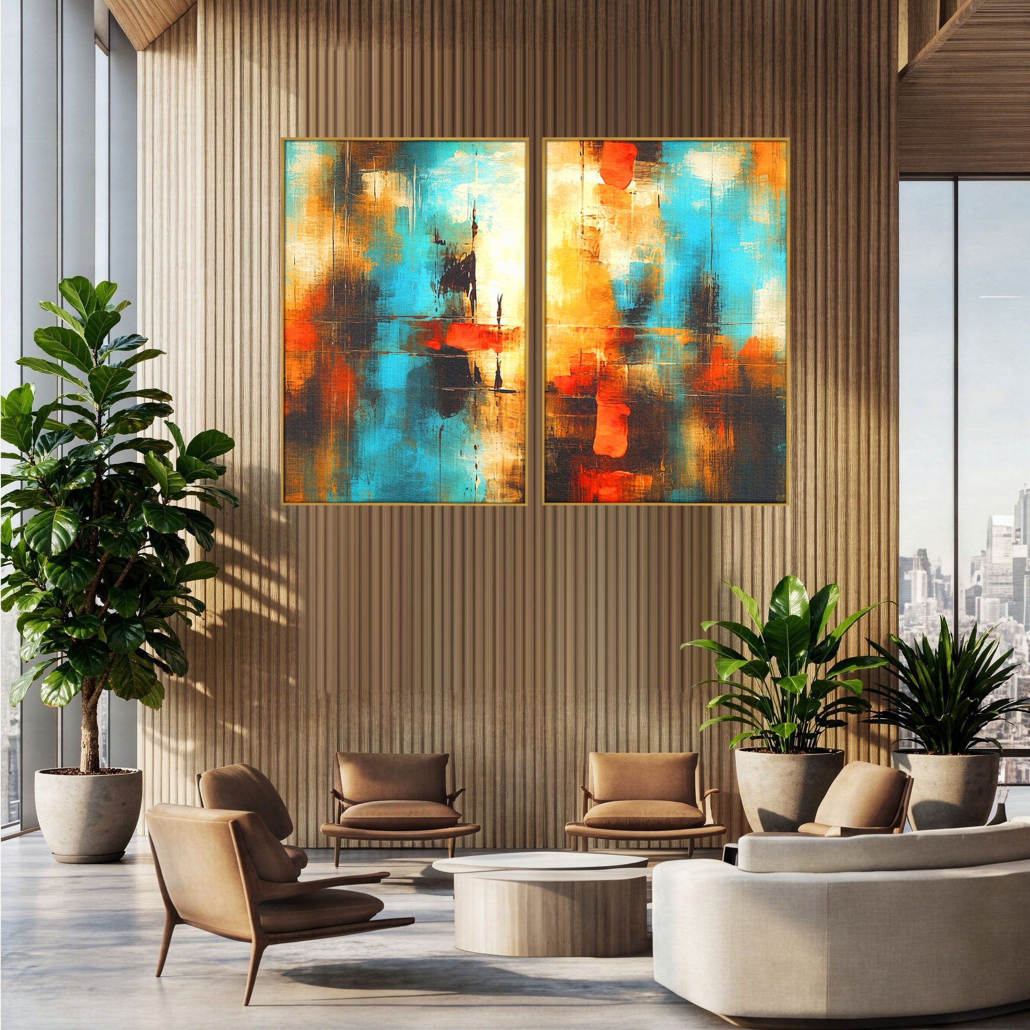Set 2 Tablouri Canvas Premium LuxCanva® C2-1315, Ardere Lenta, Culori, Abstract, Dinamism, Modern, Portocaliu, Rosu, Albastru, Mare, Vapoare, Fereastra, Cer, Arhitectural, Ziduri, Birou, Living, Dormitor