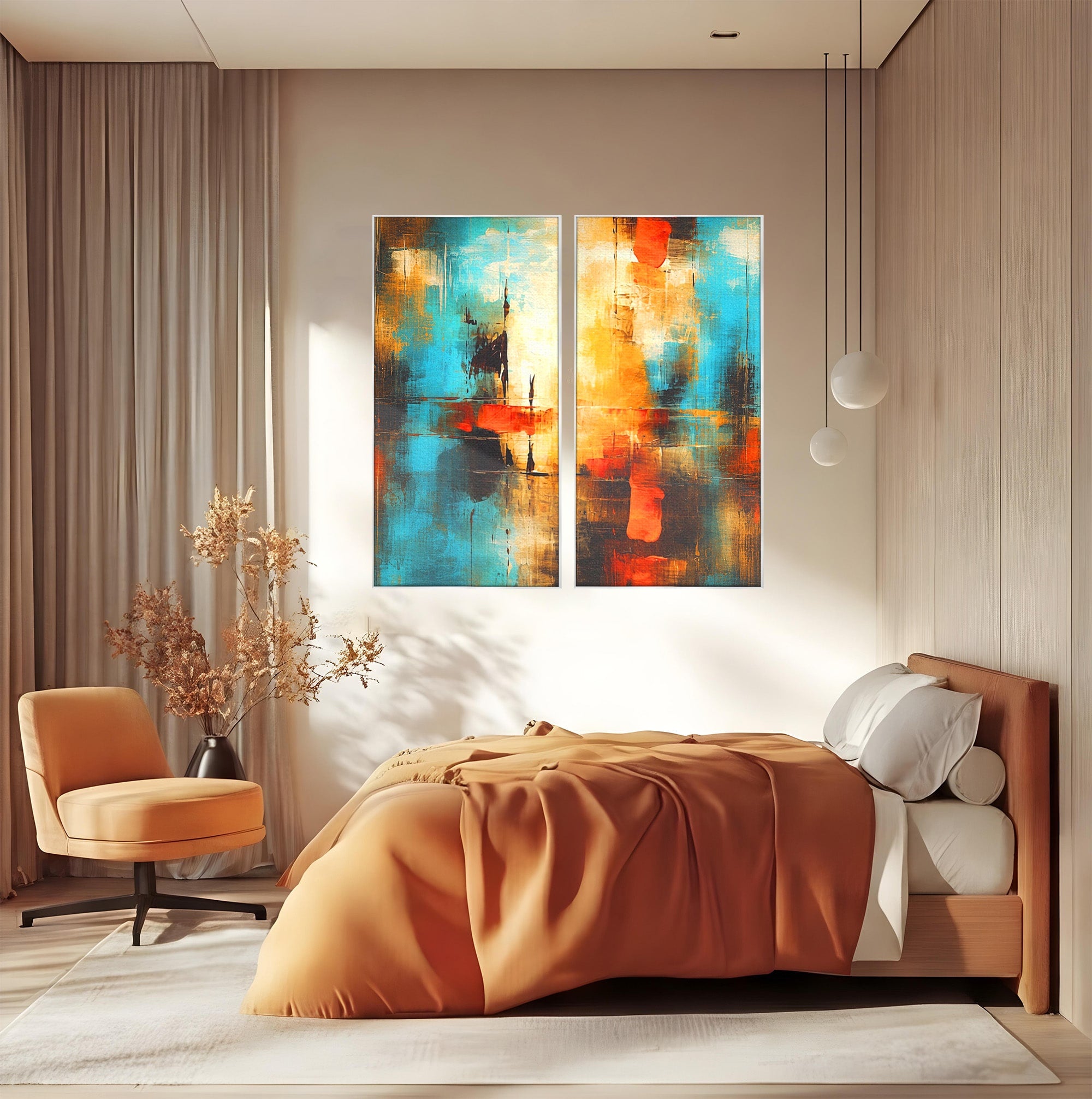 Set 2 Tablouri Canvas Premium LuxCanva® C2-1315, Ardere Lenta, Culori, Abstract, Dinamism, Modern, Portocaliu, Rosu, Albastru, Mare, Vapoare, Fereastra, Cer, Arhitectural, Ziduri, Birou, Living, Dormitor