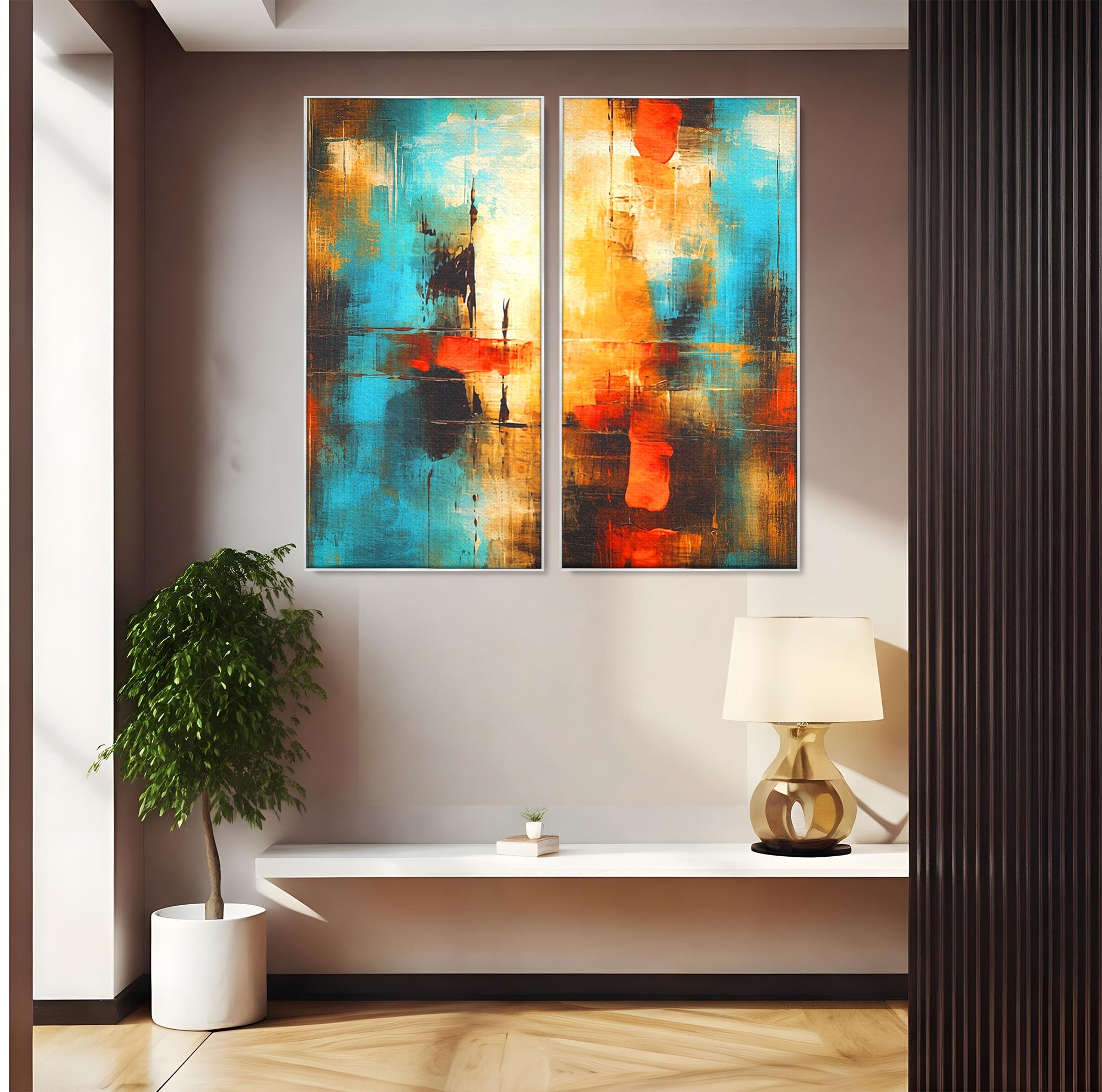 Set 2 Tablouri Canvas Premium LuxCanva® C2-1315, Ardere Lenta, Culori, Abstract, Dinamism, Modern, Portocaliu, Rosu, Albastru, Mare, Vapoare, Fereastra, Cer, Arhitectural, Ziduri, Birou, Living, Dormitor