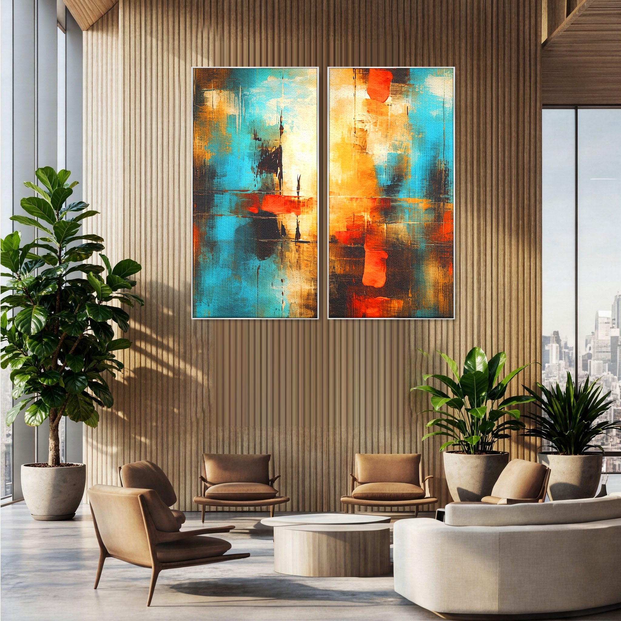 Set 2 Tablouri Canvas Premium LuxCanva® C2-1315, Ardere Lenta, Culori, Abstract, Dinamism, Modern, Portocaliu, Rosu, Albastru, Mare, Vapoare, Fereastra, Cer, Arhitectural, Ziduri, Birou, Living, Dormitor