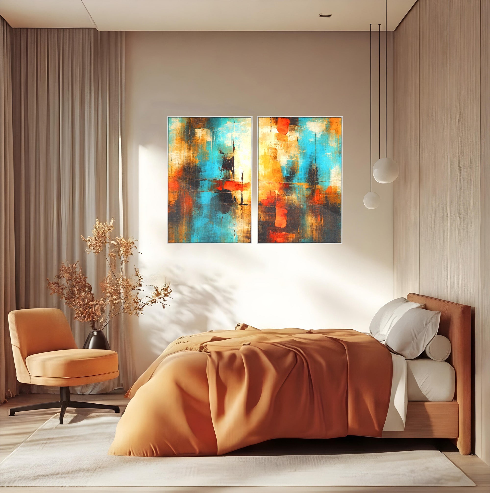 Set 2 Tablouri Canvas Premium LuxCanva® C2-1315, Ardere Lenta, Culori, Abstract, Dinamism, Modern, Portocaliu, Rosu, Albastru, Mare, Vapoare, Fereastra, Cer, Arhitectural, Ziduri, Birou, Living, Dormitor
