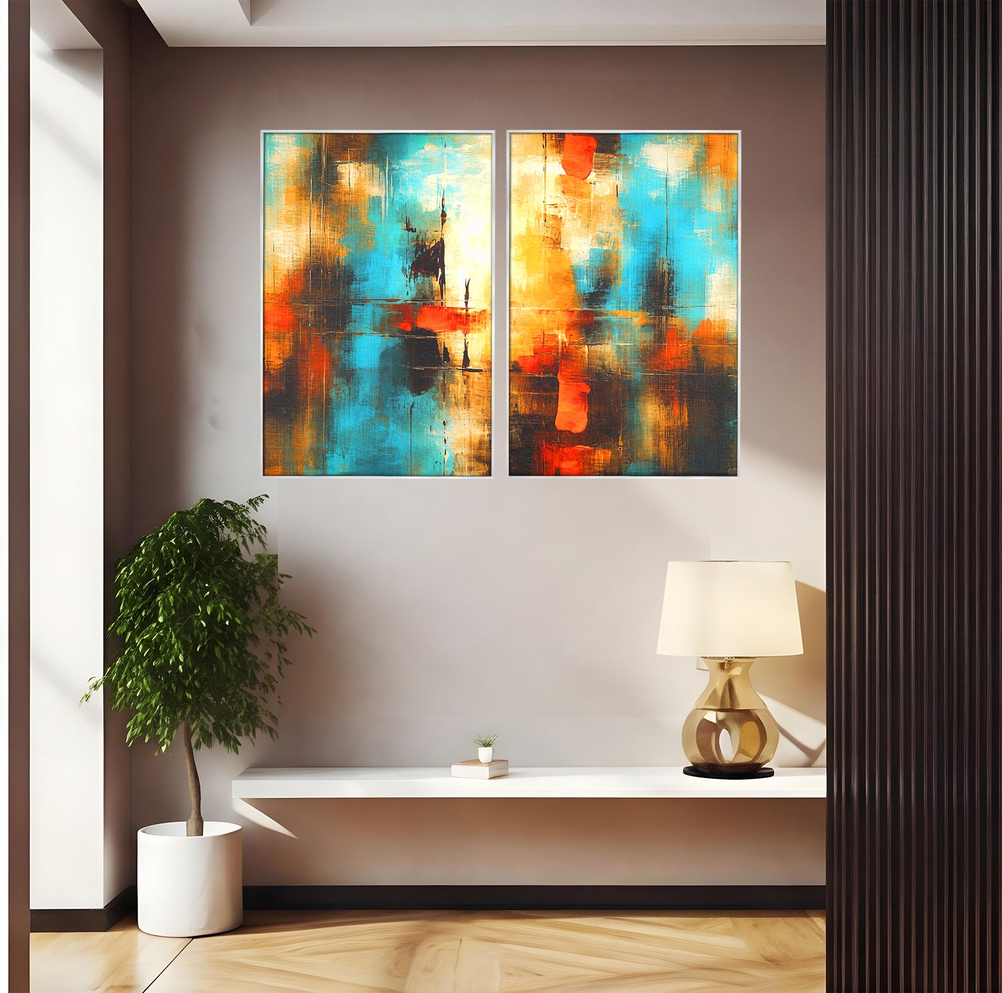 Set 2 Tablouri Canvas Premium LuxCanva® C2-1315, Ardere Lenta, Culori, Abstract, Dinamism, Modern, Portocaliu, Rosu, Albastru, Mare, Vapoare, Fereastra, Cer, Arhitectural, Ziduri, Birou, Living, Dormitor