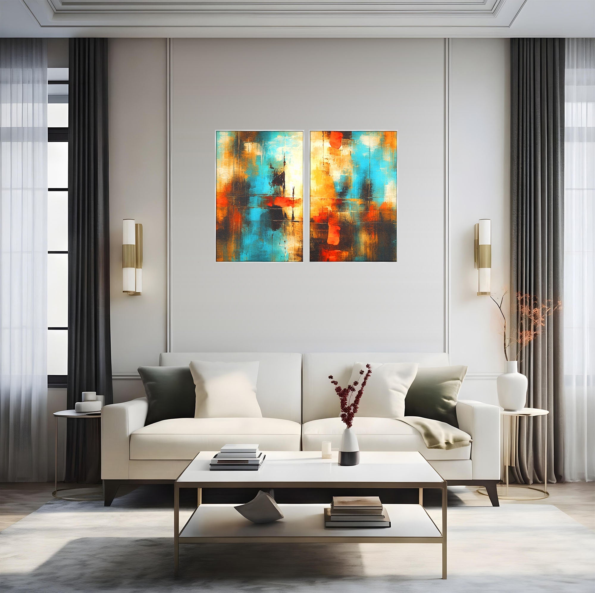 Set 2 Tablouri Canvas Premium LuxCanva® C2-1315, Ardere Lenta, Culori, Abstract, Dinamism, Modern, Portocaliu, Rosu, Albastru, Mare, Vapoare, Fereastra, Cer, Arhitectural, Ziduri, Birou, Living, Dormitor