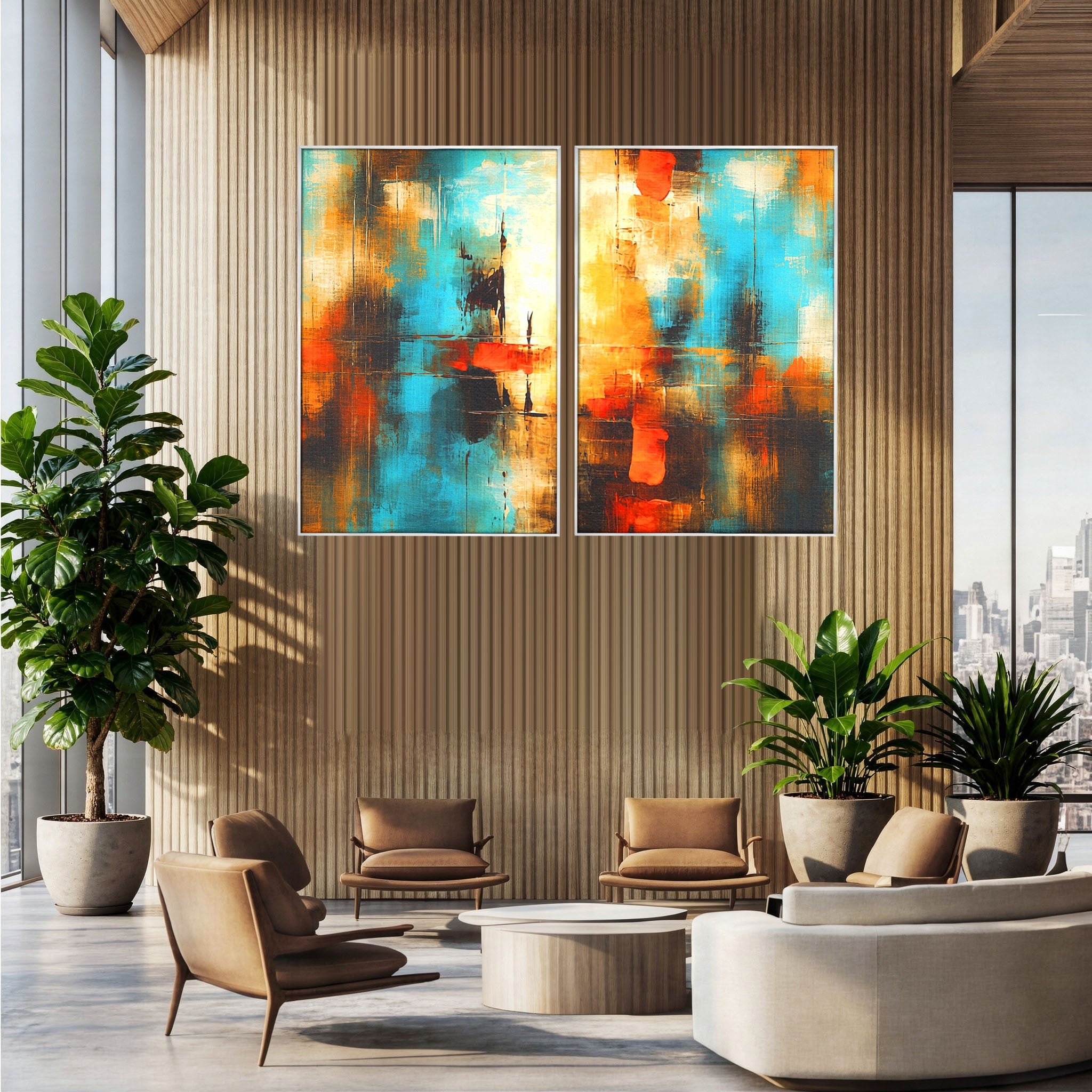 Set 2 Tablouri Canvas Premium LuxCanva® C2-1315, Ardere Lenta, Culori, Abstract, Dinamism, Modern, Portocaliu, Rosu, Albastru, Mare, Vapoare, Fereastra, Cer, Arhitectural, Ziduri, Birou, Living, Dormitor