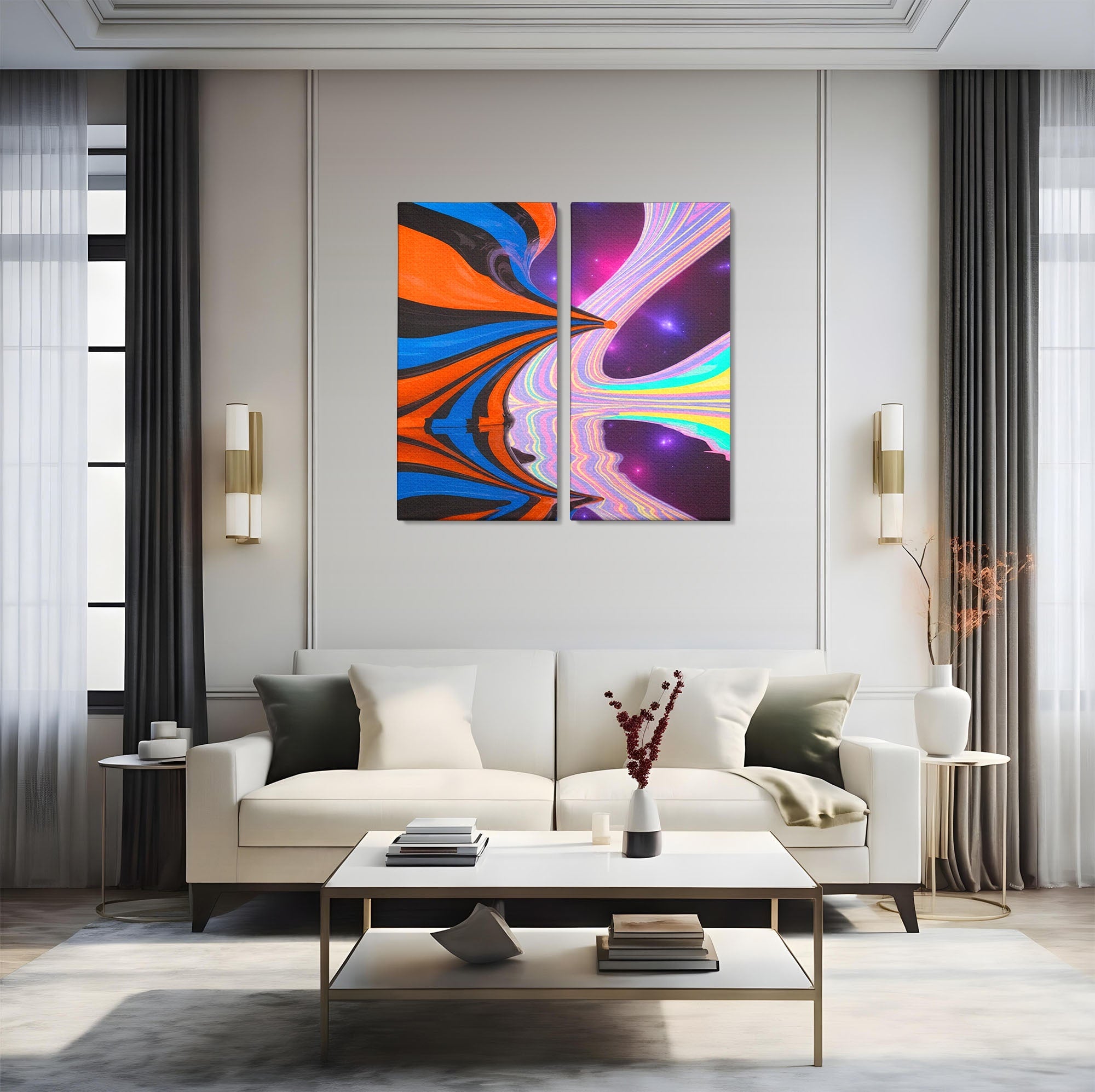 Set 2 Tablouri Canvas Premium LuxCanva® C2-1321, Universul Curcubeu, Abstract, Spatiu, Curcubeu, Living, Modern, Culori Vibrante