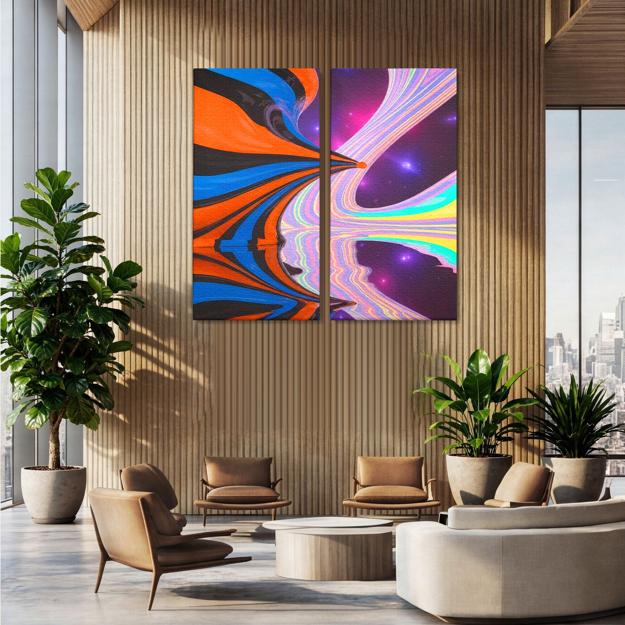 Set 2 Tablouri Canvas Premium LuxCanva® C2-1321, Universul Curcubeu, Abstract, Spatiu, Curcubeu, Living, Modern, Culori Vibrante