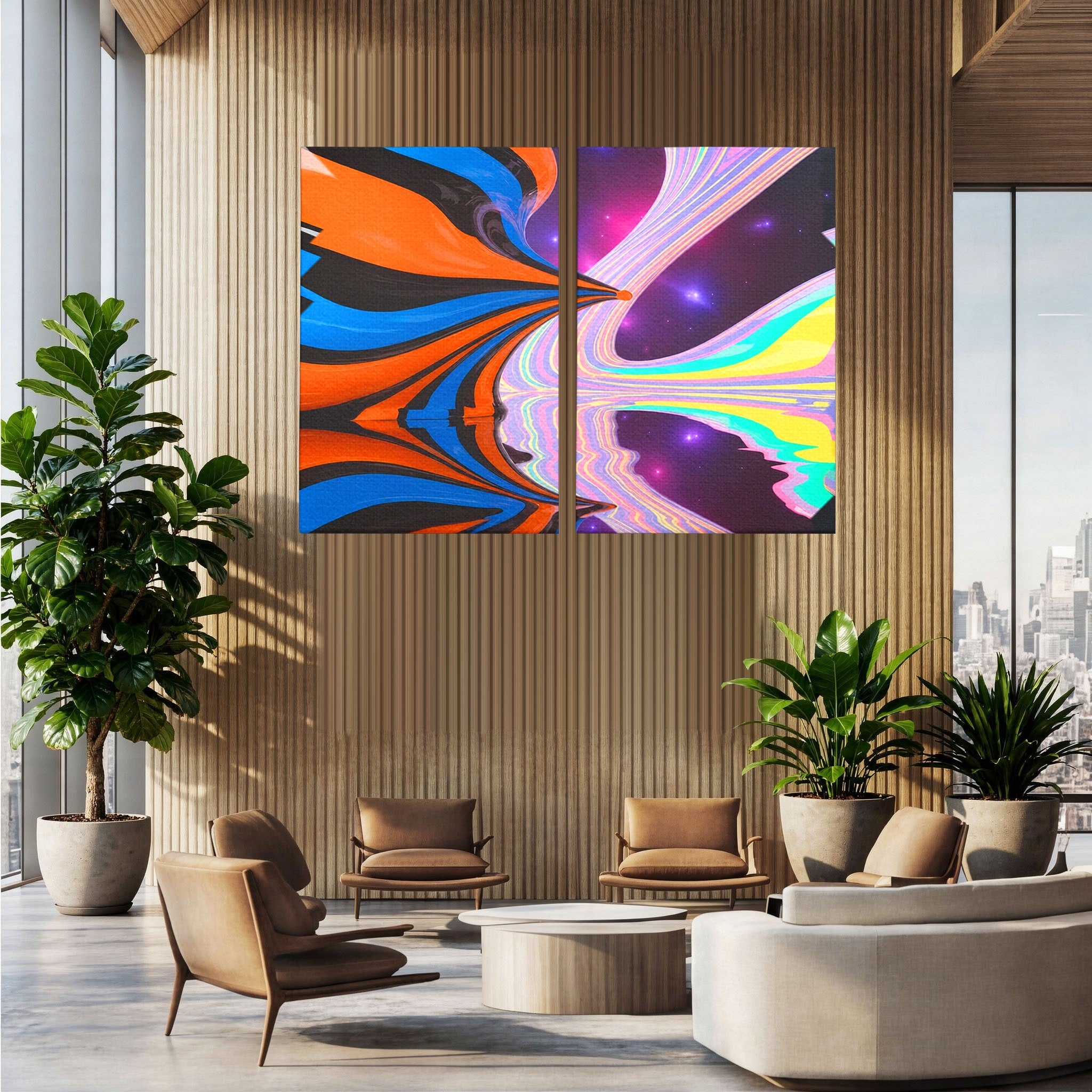 Set 2 Tablouri Canvas Premium LuxCanva® C2-1321, Universul Curcubeu, Abstract, Spatiu, Curcubeu, Living, Modern, Culori Vibrante