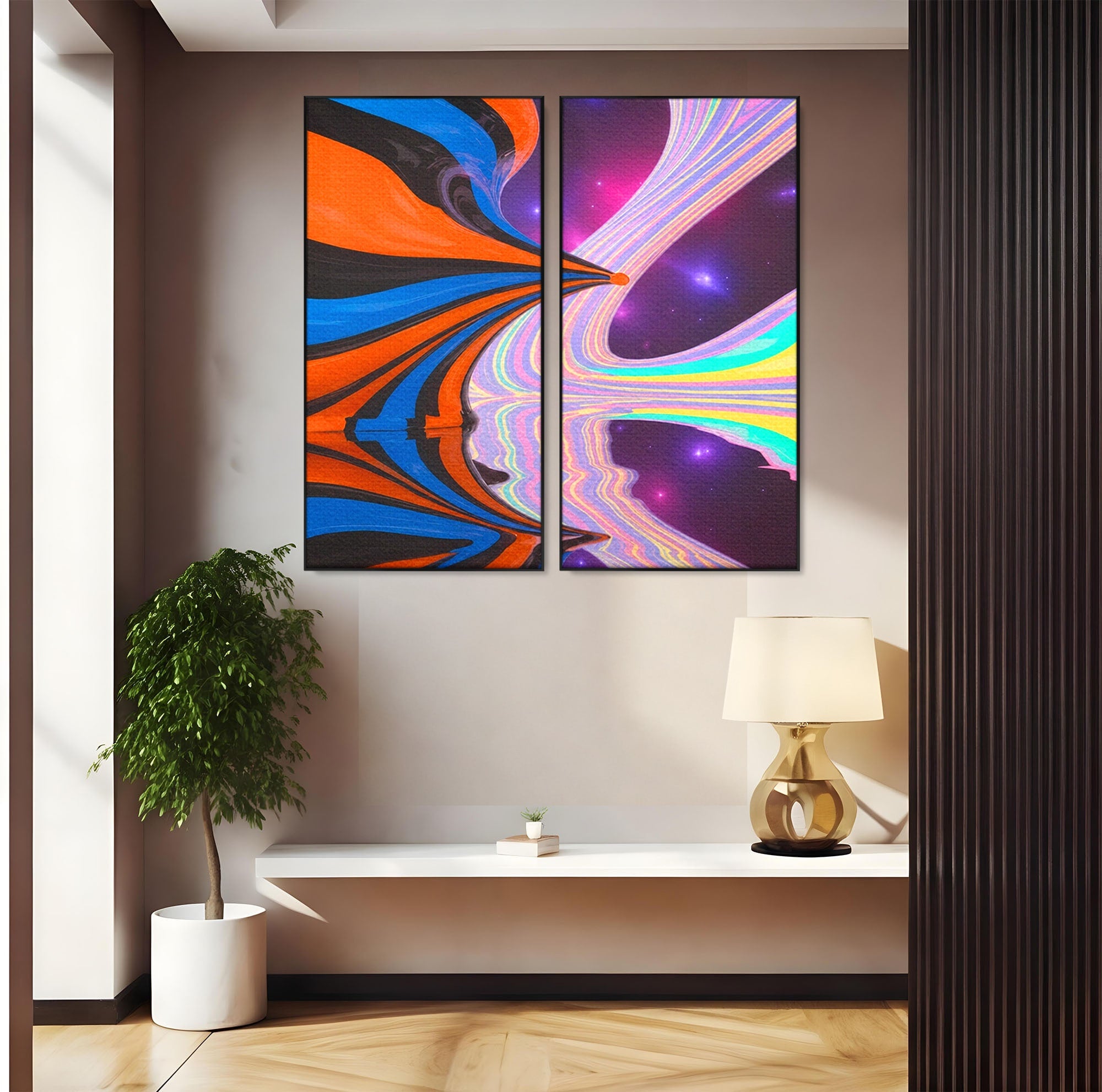 Set 2 Tablouri Canvas Premium LuxCanva® C2-1321, Universul Curcubeu, Abstract, Spatiu, Curcubeu, Living, Modern, Culori Vibrante
