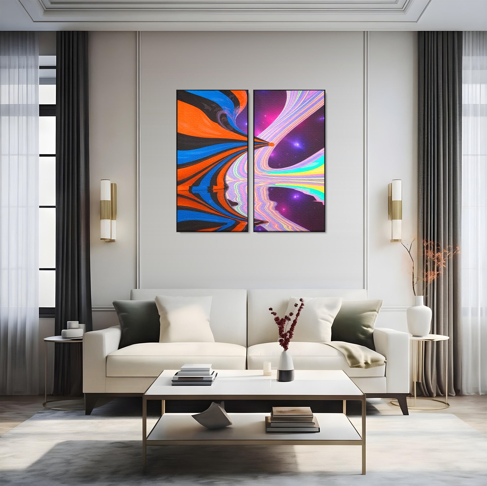 Set 2 Tablouri Canvas Premium LuxCanva® C2-1321, Universul Curcubeu, Abstract, Spatiu, Curcubeu, Living, Modern, Culori Vibrante