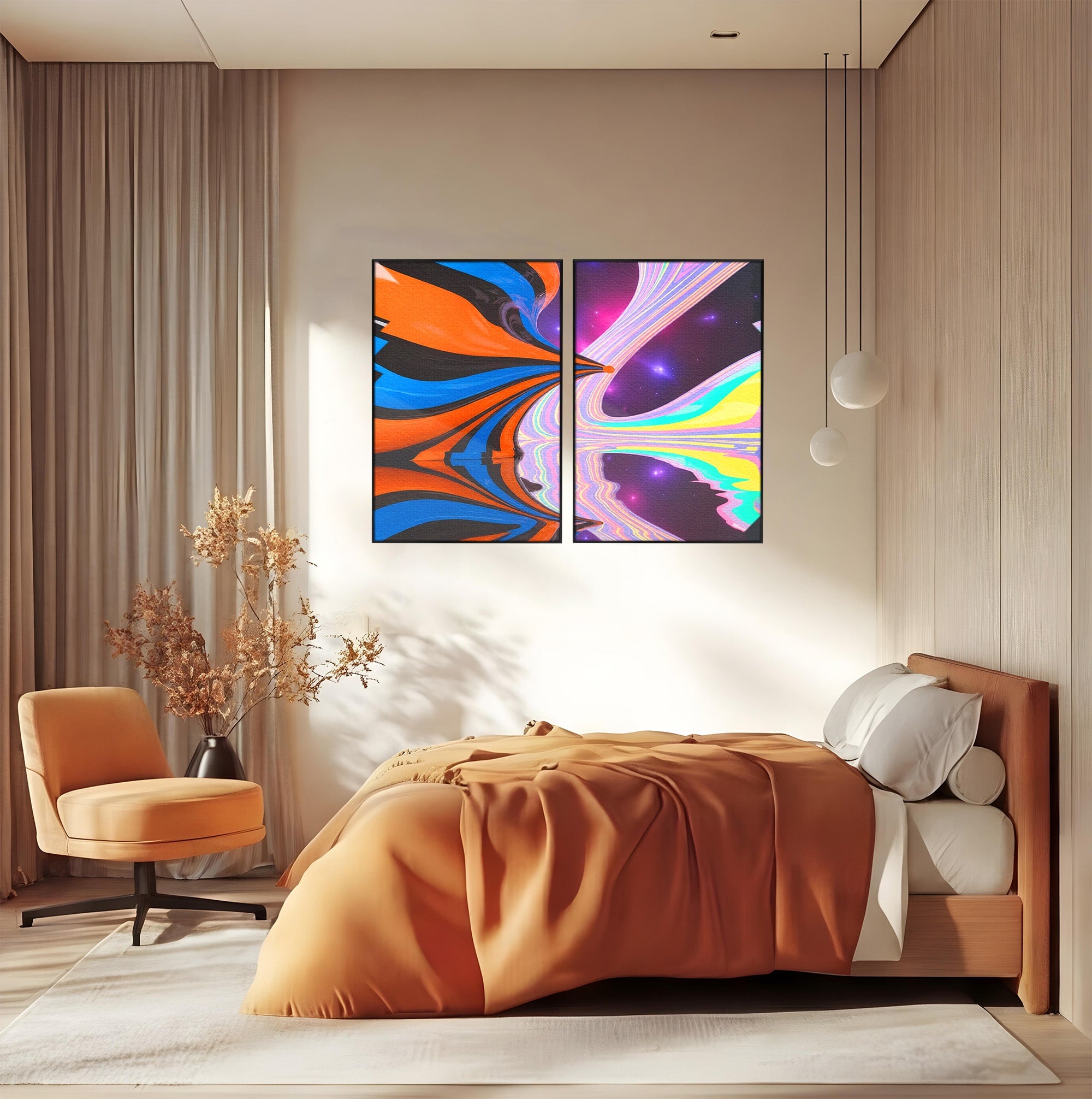Set 2 Tablouri Canvas Premium LuxCanva® C2-1321, Universul Curcubeu, Abstract, Spatiu, Curcubeu, Living, Modern, Culori Vibrante
