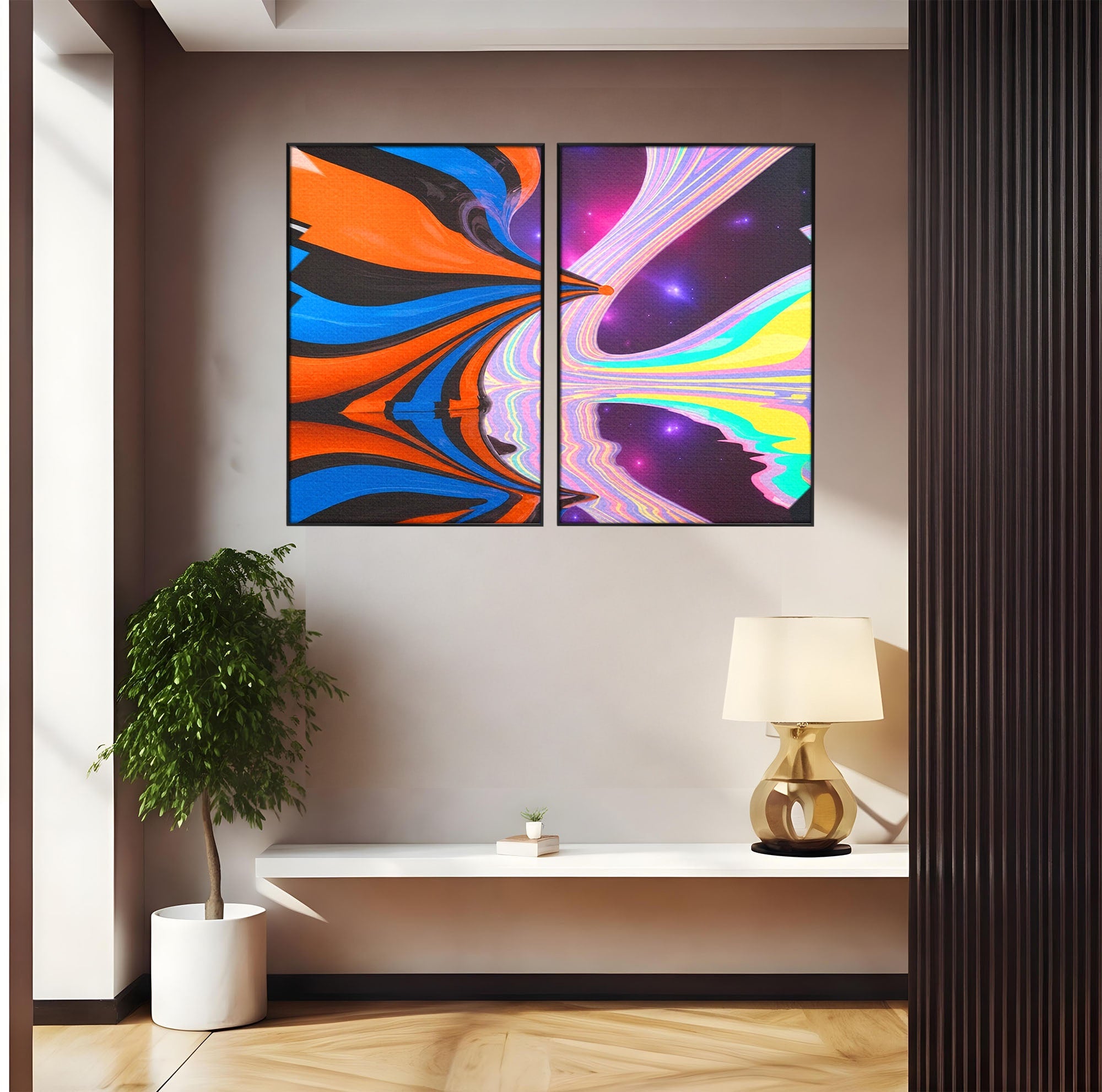 Set 2 Tablouri Canvas Premium LuxCanva® C2-1321, Universul Curcubeu, Abstract, Spatiu, Curcubeu, Living, Modern, Culori Vibrante