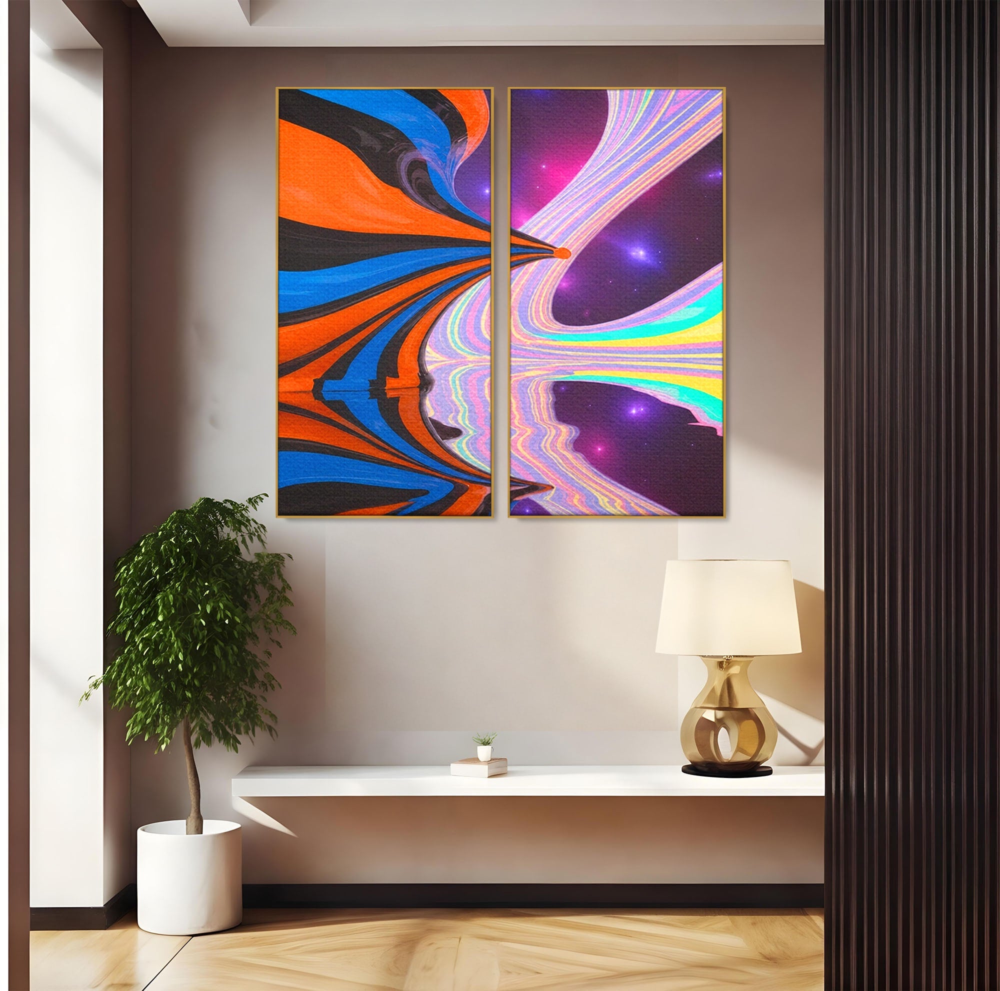 Set 2 Tablouri Canvas Premium LuxCanva® C2-1321, Universul Curcubeu, Abstract, Spatiu, Curcubeu, Living, Modern, Culori Vibrante