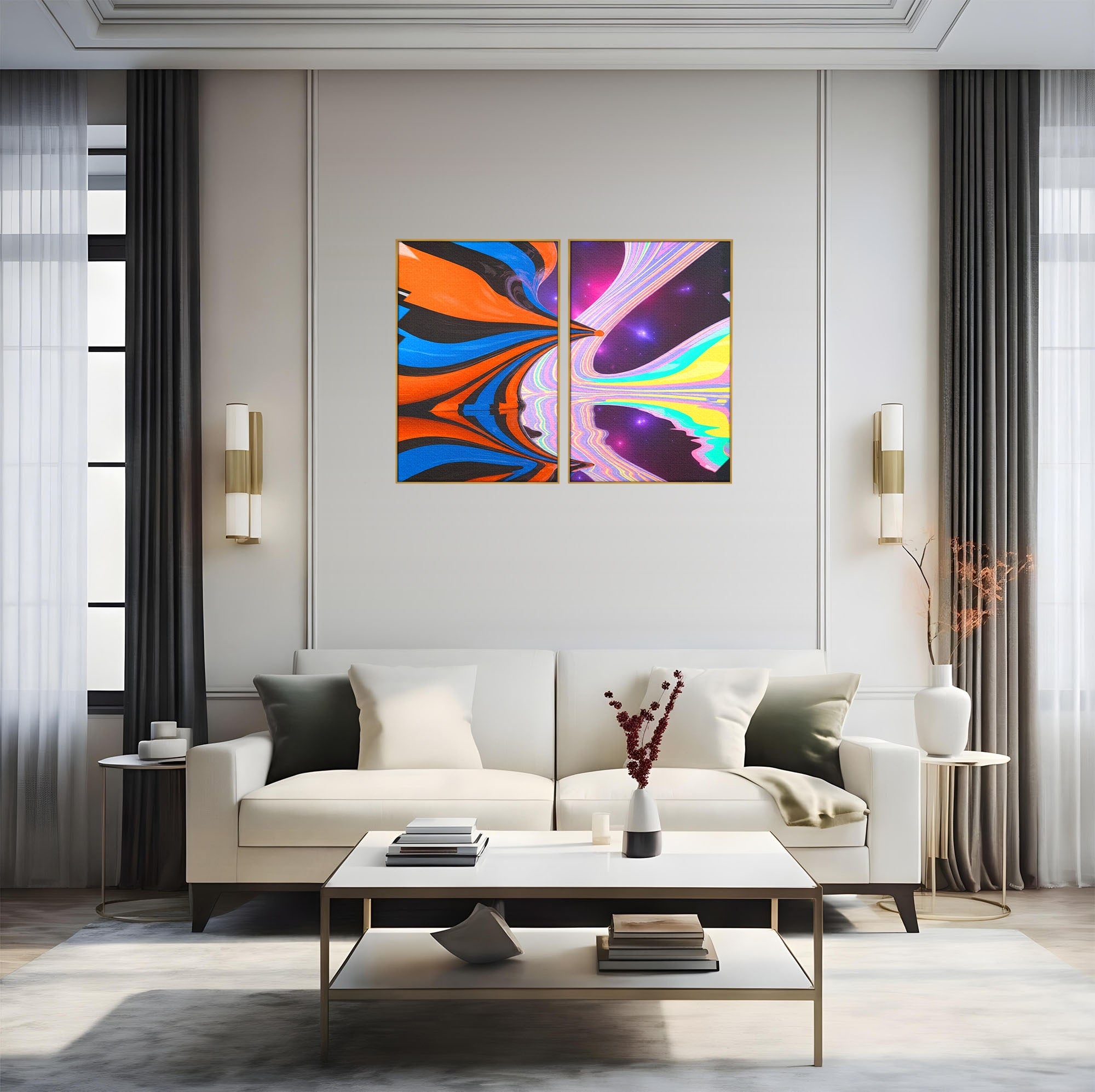 Set 2 Tablouri Canvas Premium LuxCanva® C2-1321, Universul Curcubeu, Abstract, Spatiu, Curcubeu, Living, Modern, Culori Vibrante