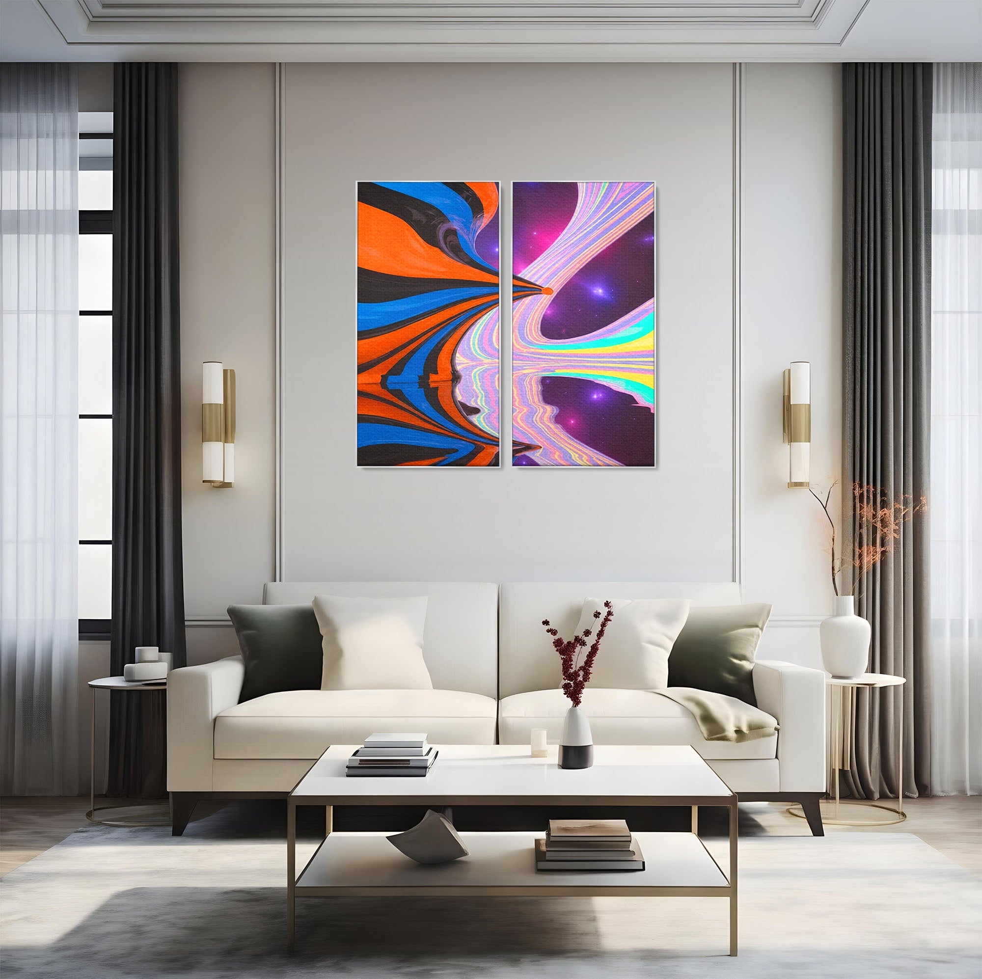 Set 2 Tablouri Canvas Premium LuxCanva® C2-1321, Universul Curcubeu, Abstract, Spatiu, Curcubeu, Living, Modern, Culori Vibrante