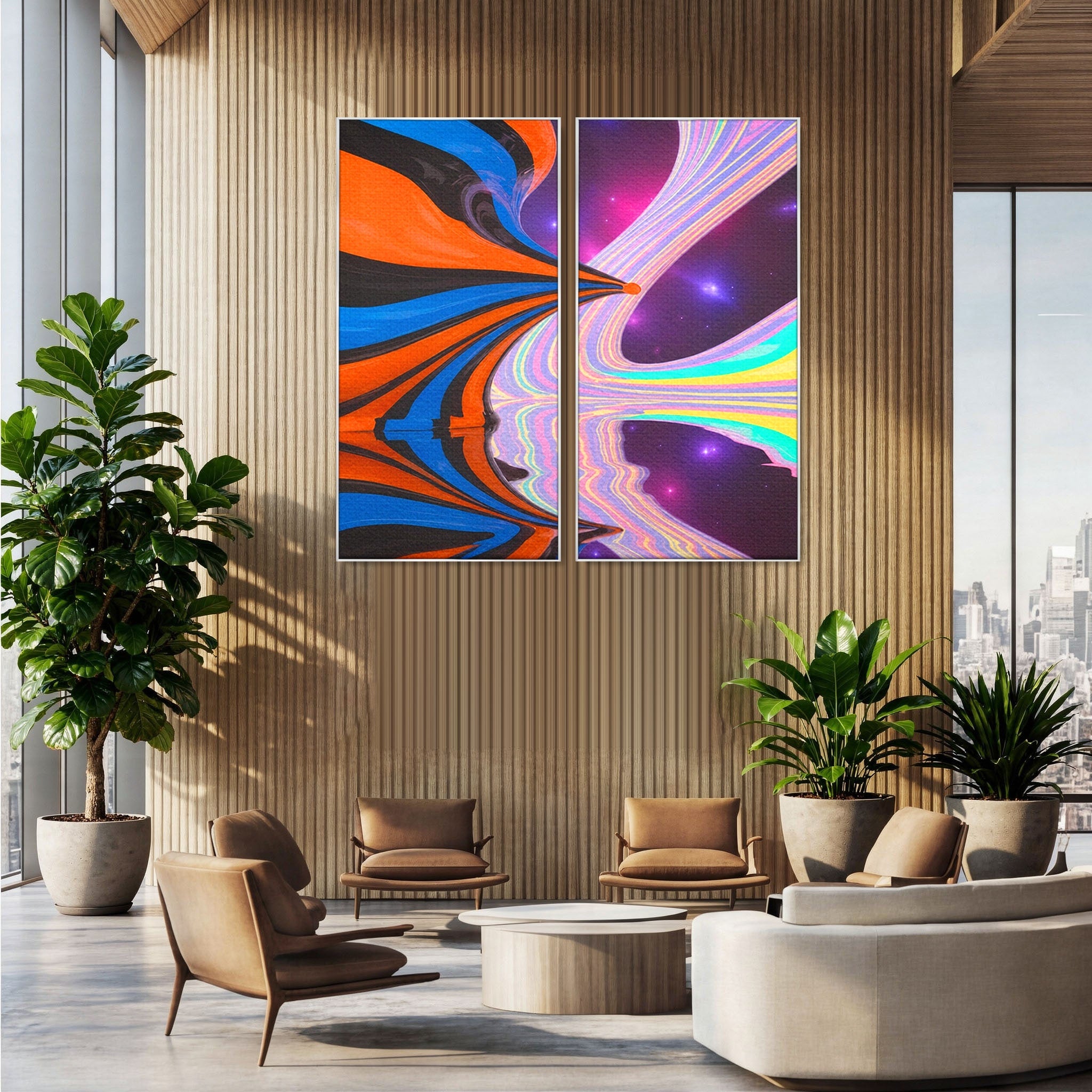 Set 2 Tablouri Canvas Premium LuxCanva® C2-1321, Universul Curcubeu, Abstract, Spatiu, Curcubeu, Living, Modern, Culori Vibrante