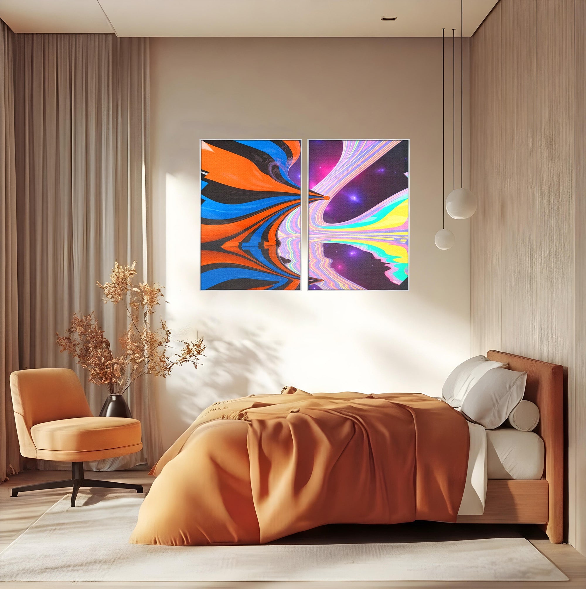 Set 2 Tablouri Canvas Premium LuxCanva® C2-1321, Universul Curcubeu, Abstract, Spatiu, Curcubeu, Living, Modern, Culori Vibrante