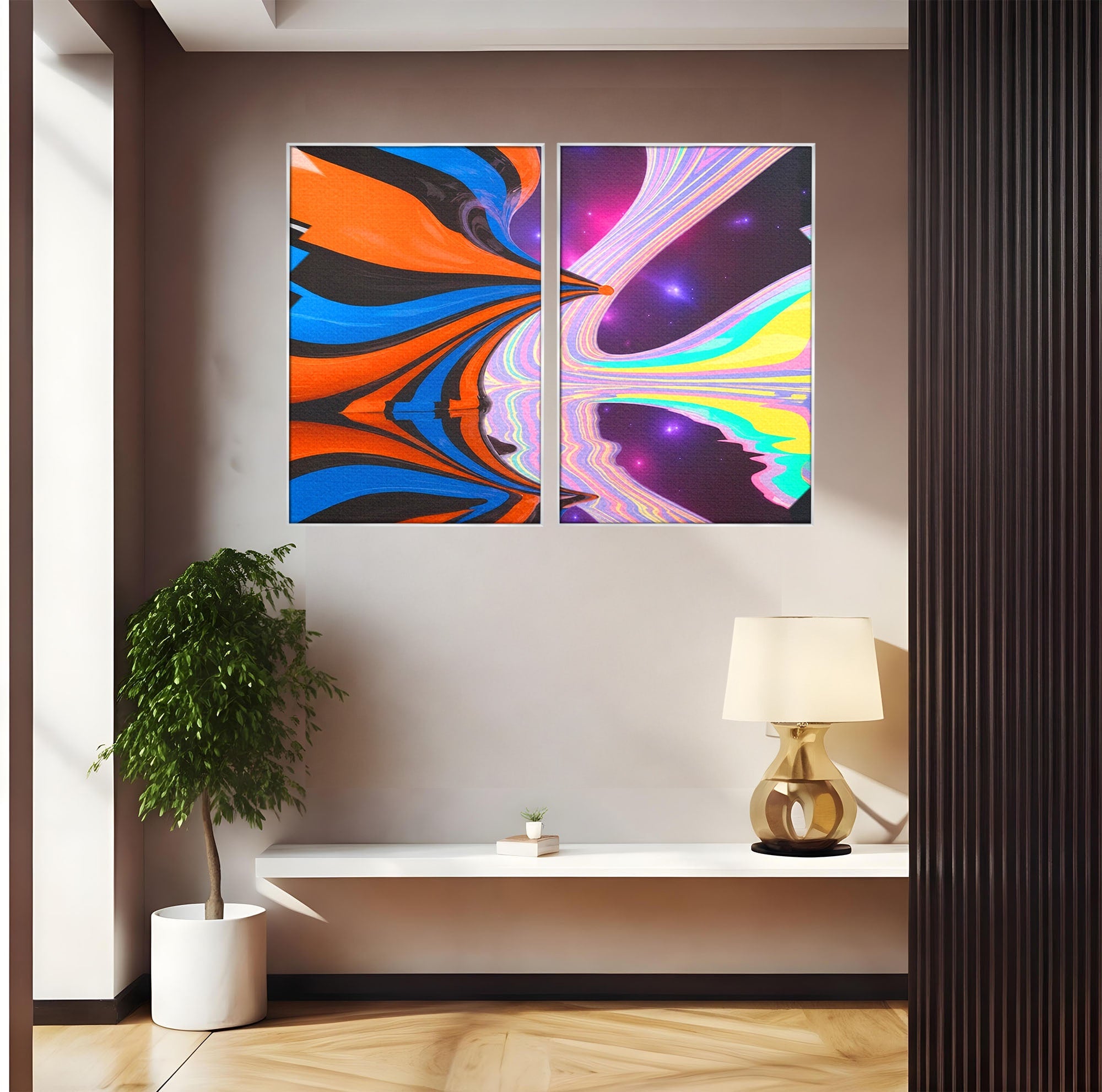 Set 2 Tablouri Canvas Premium LuxCanva® C2-1321, Universul Curcubeu, Abstract, Spatiu, Curcubeu, Living, Modern, Culori Vibrante