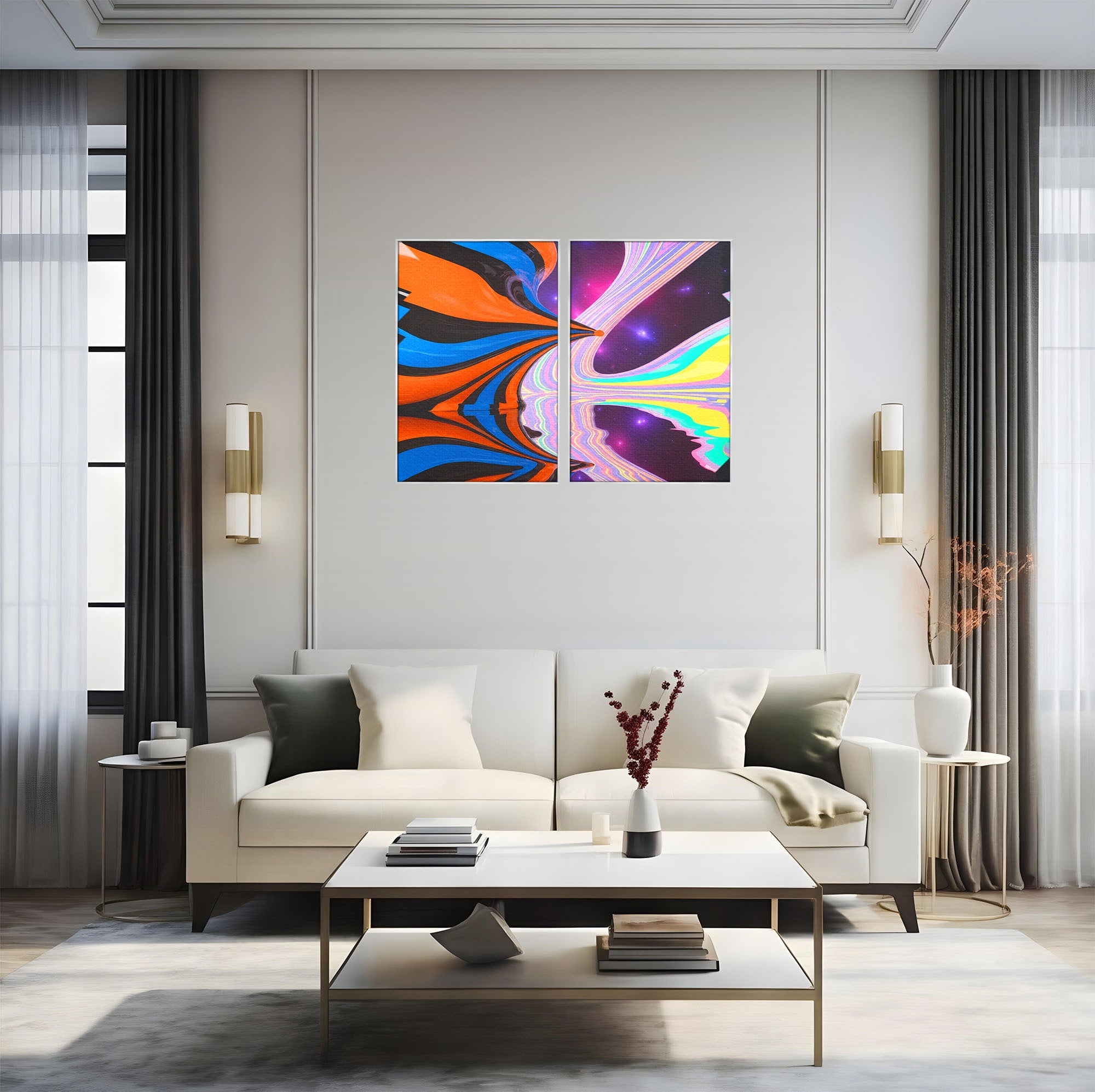 Set 2 Tablouri Canvas Premium LuxCanva® C2-1321, Universul Curcubeu, Abstract, Spatiu, Curcubeu, Living, Modern, Culori Vibrante