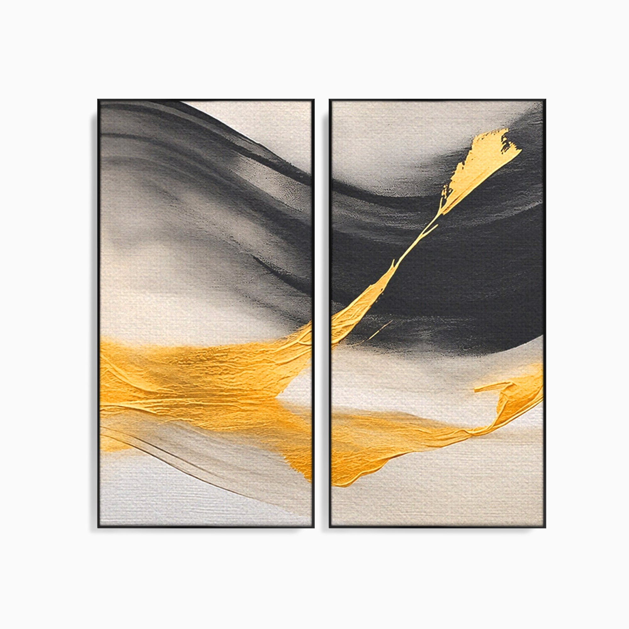 Set 2 Tablouri Canvas Premium LuxCanva® C2-1325, Fluiditate Aurie, Abstract, Modern, Eleganta, Living, Dormitor, Culori Vibrante