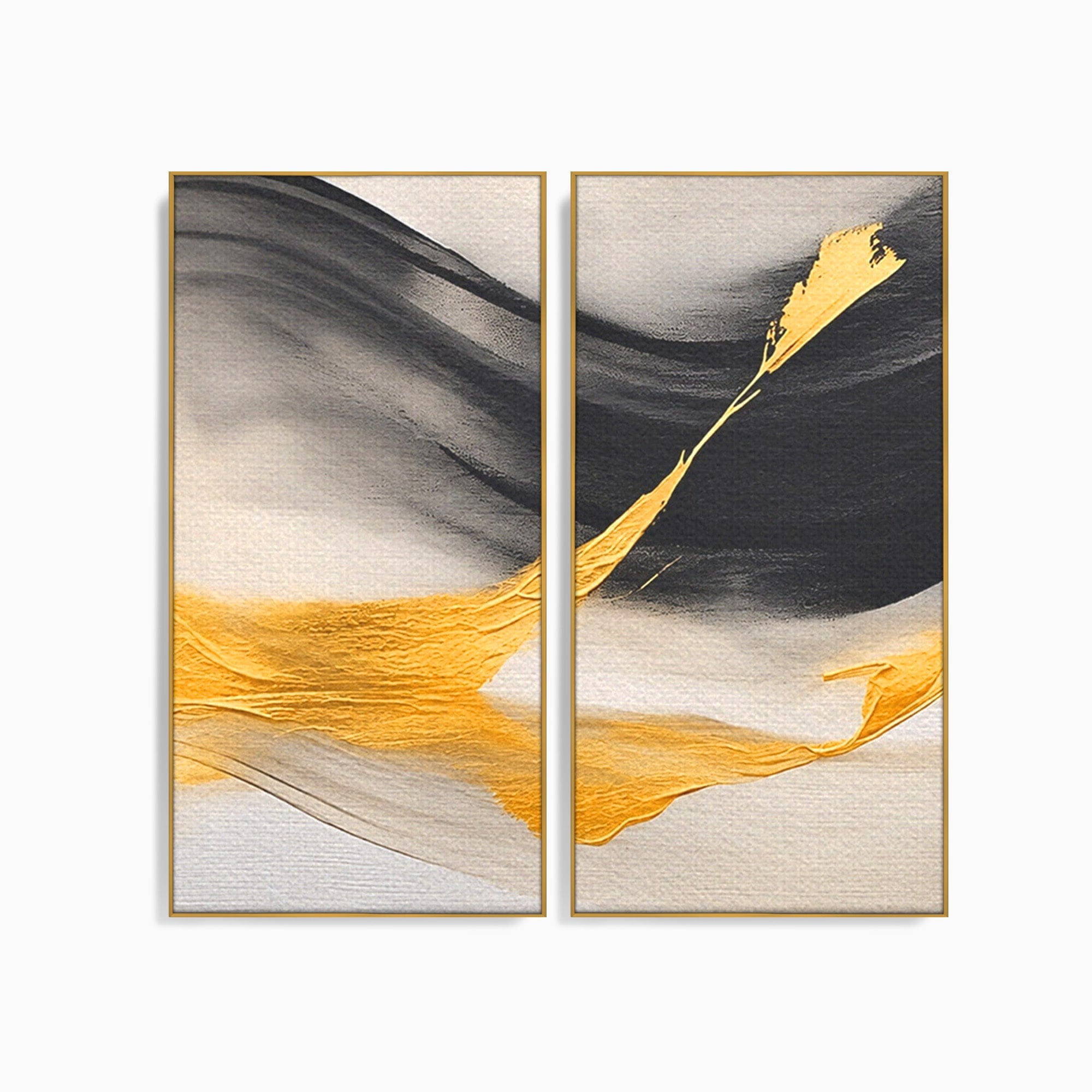Set 2 Tablouri Canvas Premium LuxCanva® C2-1325, Fluiditate Aurie, Abstract, Modern, Eleganta, Living, Dormitor, Culori Vibrante