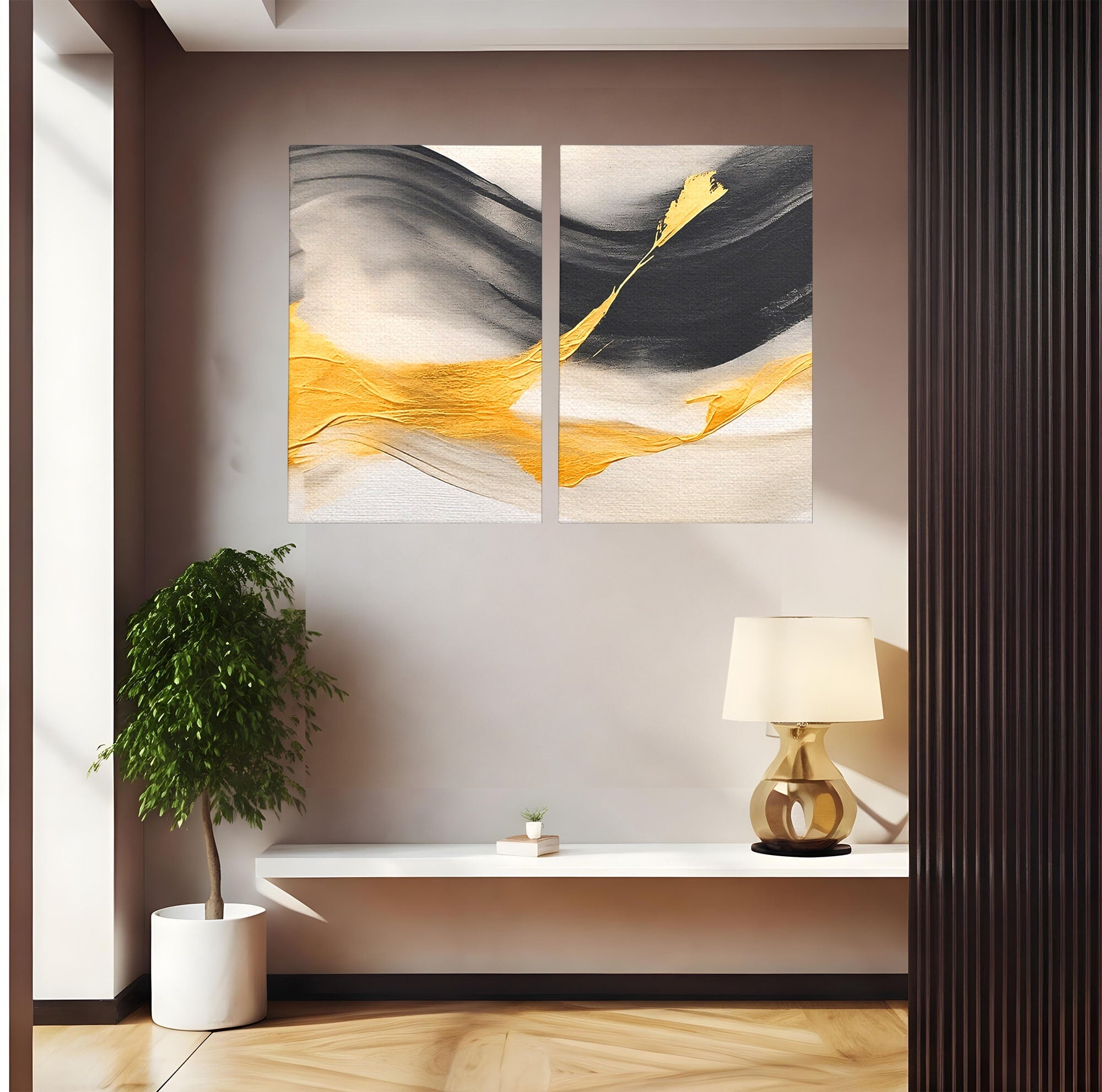 Set 2 Tablouri Canvas Premium LuxCanva® C2-1325, Fluiditate Aurie, Abstract, Modern, Eleganta, Living, Dormitor, Culori Vibrante