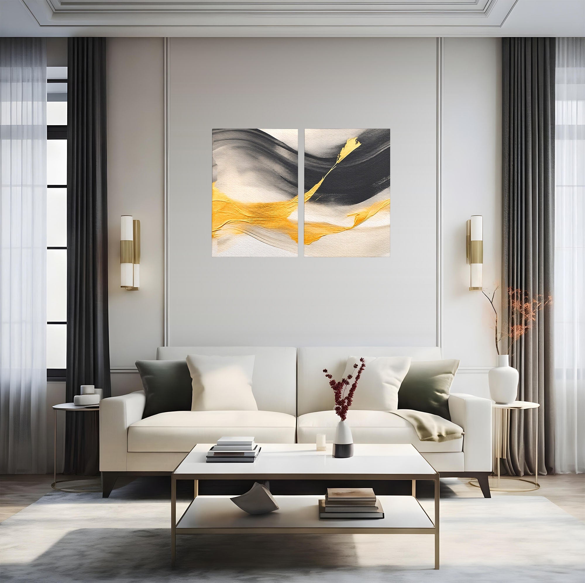 Set 2 Tablouri Canvas Premium LuxCanva® C2-1325, Fluiditate Aurie, Abstract, Modern, Eleganta, Living, Dormitor, Culori Vibrante