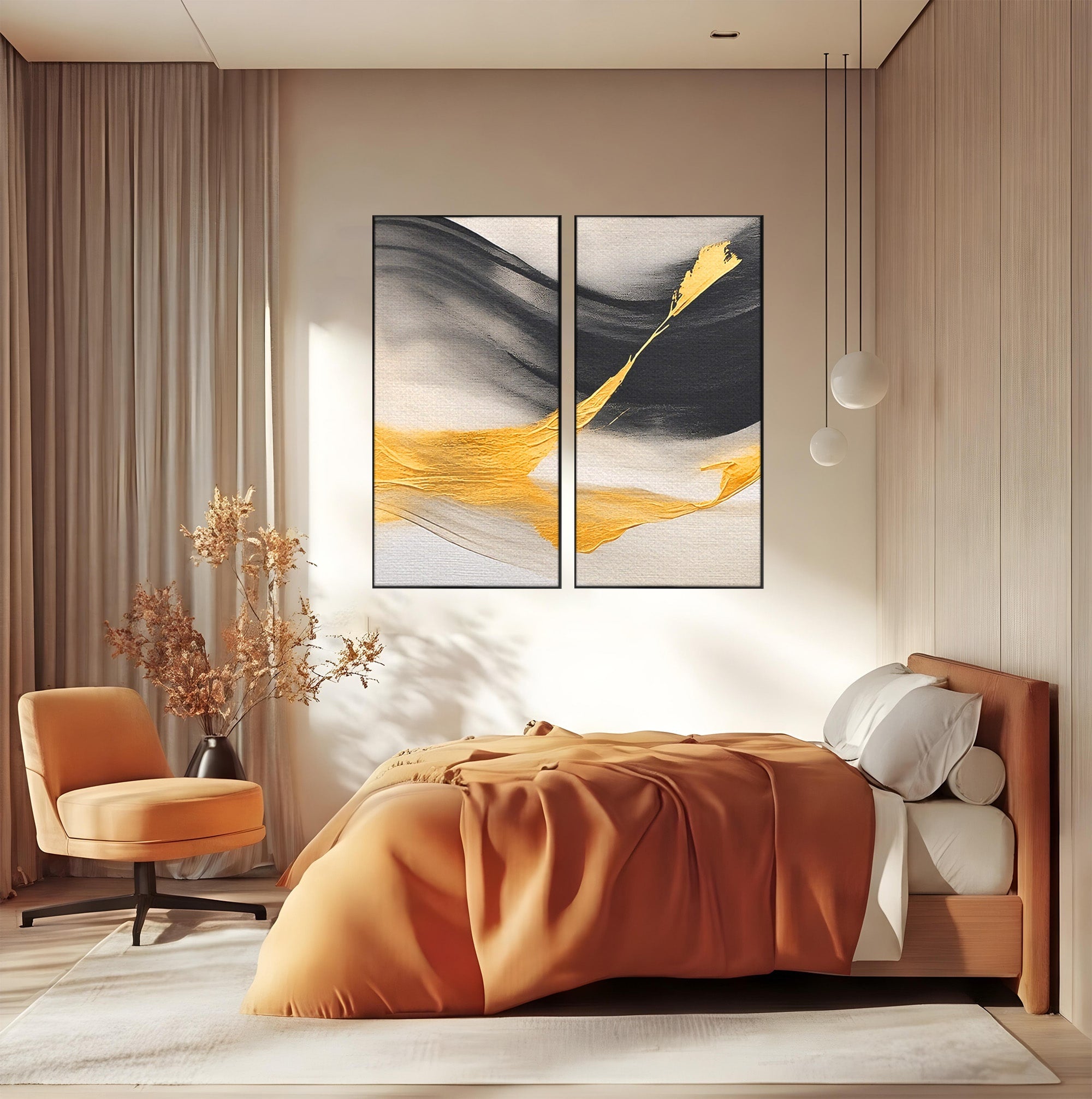 Set 2 Tablouri Canvas Premium LuxCanva® C2-1325, Fluiditate Aurie, Abstract, Modern, Eleganta, Living, Dormitor, Culori Vibrante
