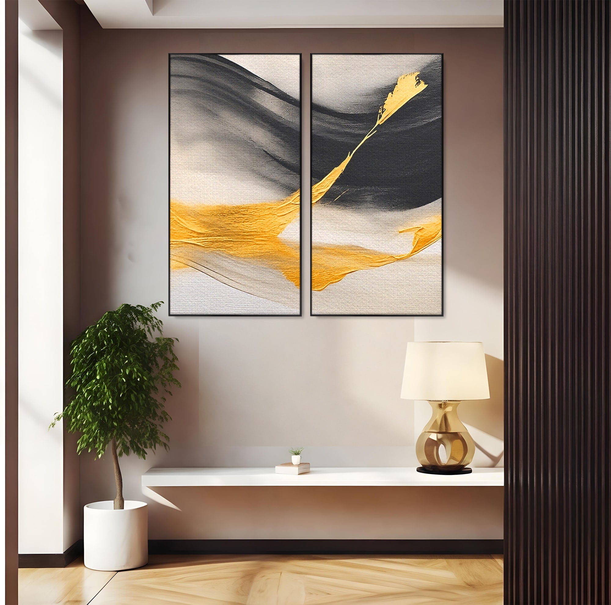Set 2 Tablouri Canvas Premium LuxCanva® C2-1325, Fluiditate Aurie, Abstract, Modern, Eleganta, Living, Dormitor, Culori Vibrante