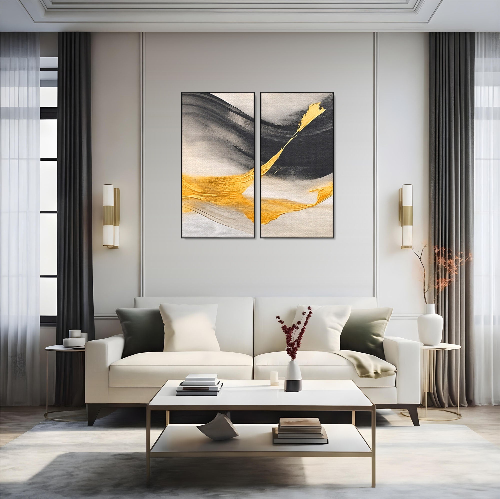 Set 2 Tablouri Canvas Premium LuxCanva® C2-1325, Fluiditate Aurie, Abstract, Modern, Eleganta, Living, Dormitor, Culori Vibrante