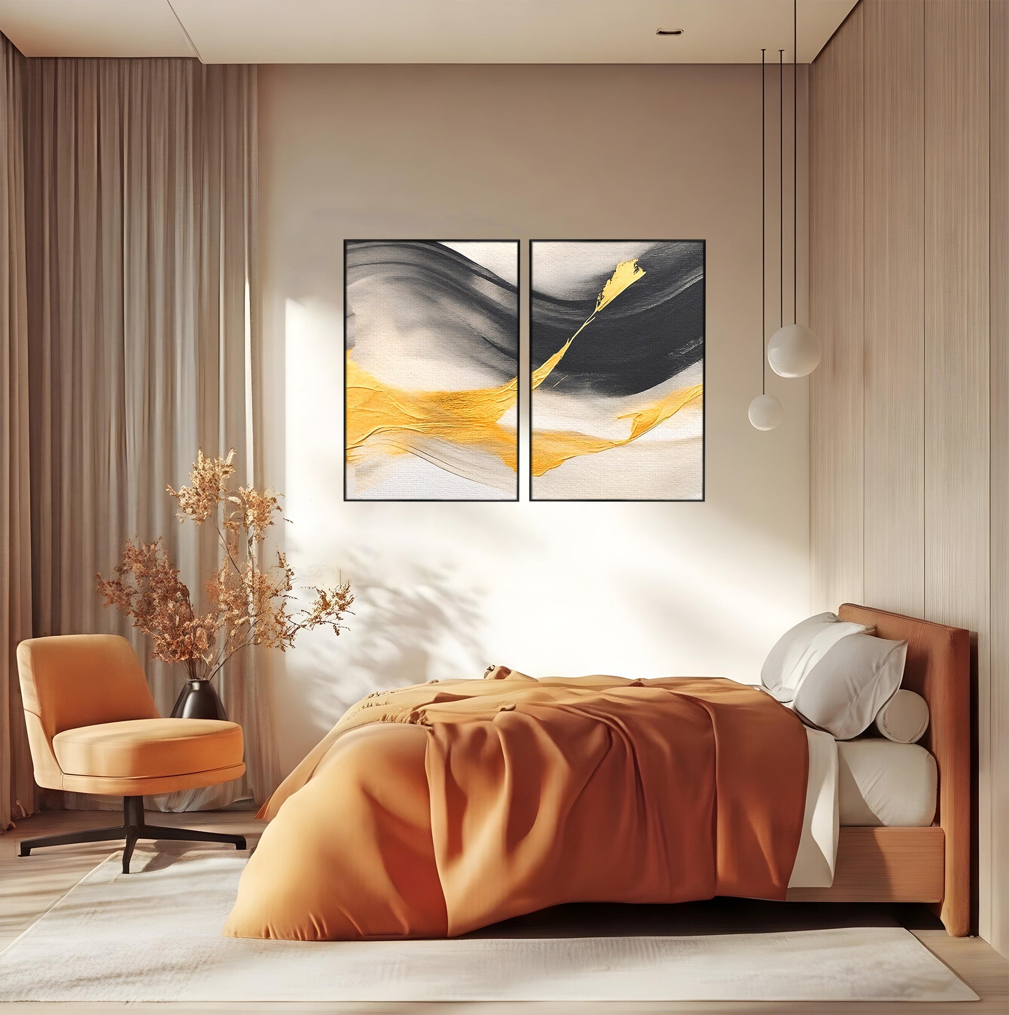 Set 2 Tablouri Canvas Premium LuxCanva® C2-1325, Fluiditate Aurie, Abstract, Modern, Eleganta, Living, Dormitor, Culori Vibrante