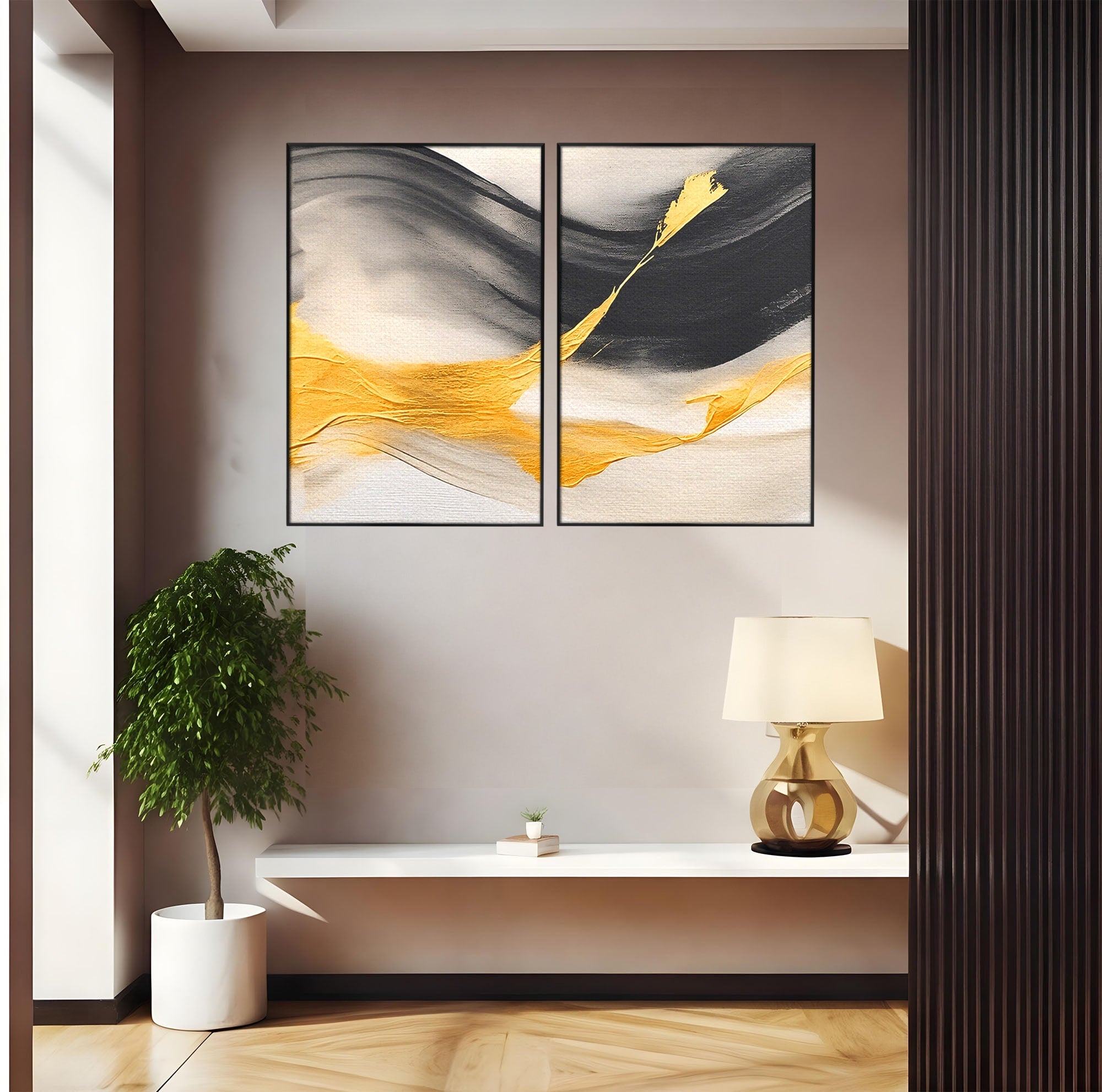 Set 2 Tablouri Canvas Premium LuxCanva® C2-1325, Fluiditate Aurie, Abstract, Modern, Eleganta, Living, Dormitor, Culori Vibrante