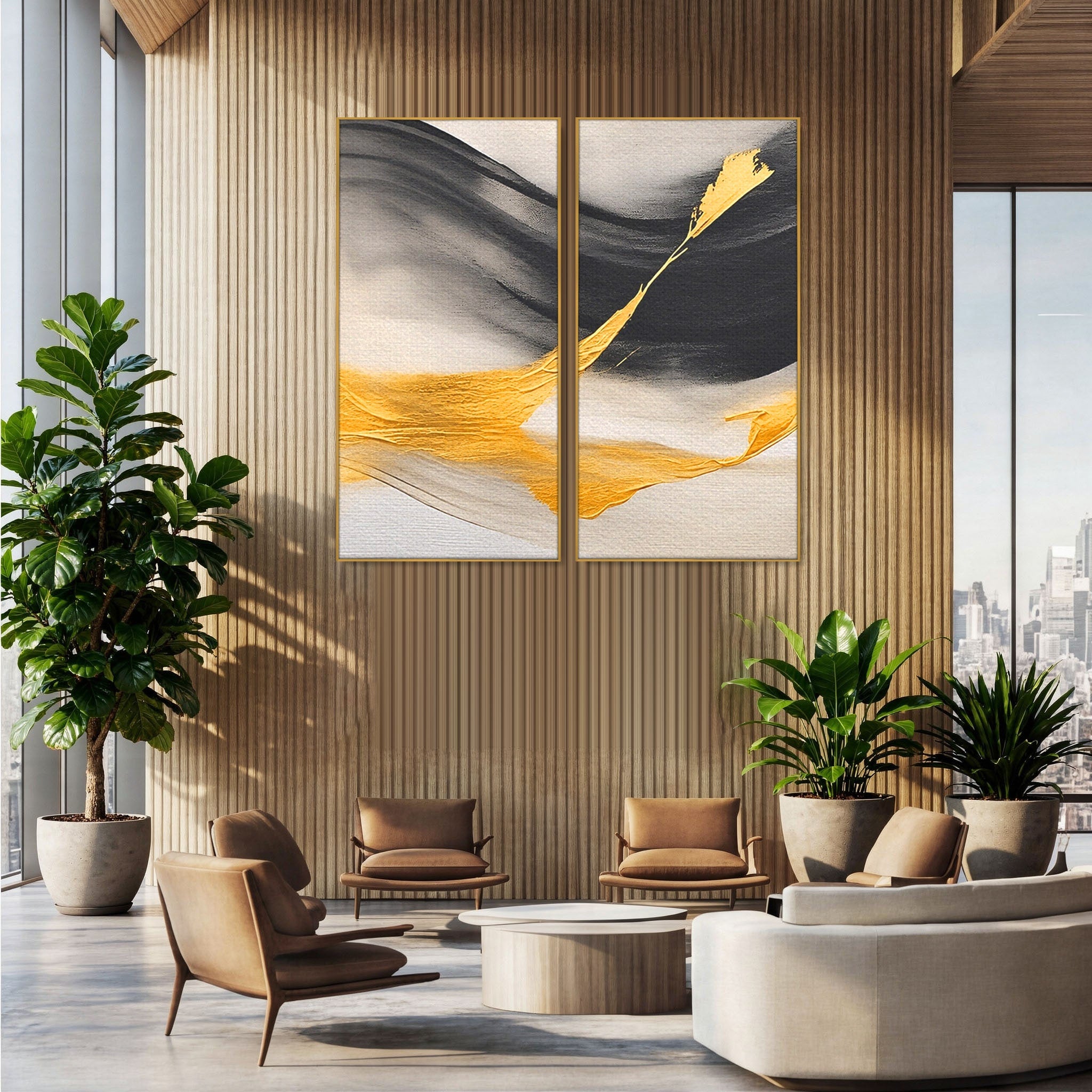 Set 2 Tablouri Canvas Premium LuxCanva® C2-1325, Fluiditate Aurie, Abstract, Modern, Eleganta, Living, Dormitor, Culori Vibrante