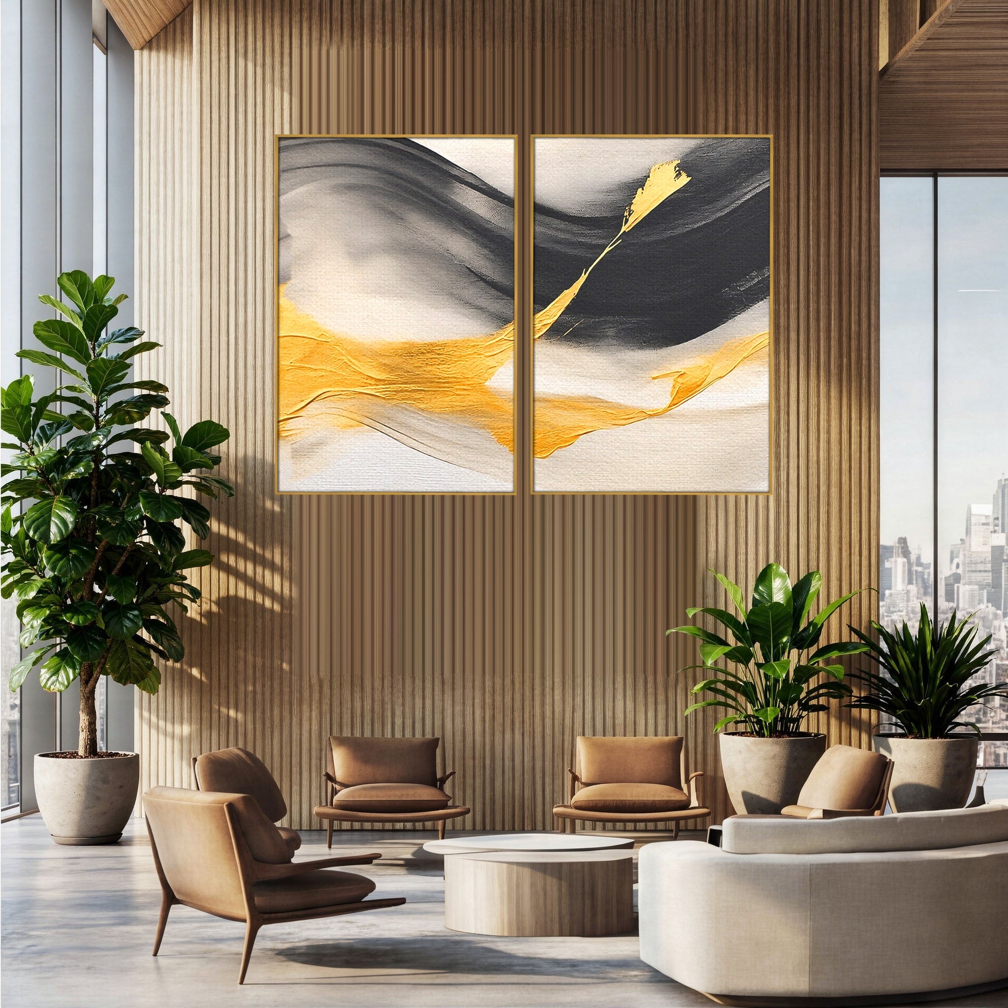 Set 2 Tablouri Canvas Premium LuxCanva® C2-1325, Fluiditate Aurie, Abstract, Modern, Eleganta, Living, Dormitor, Culori Vibrante