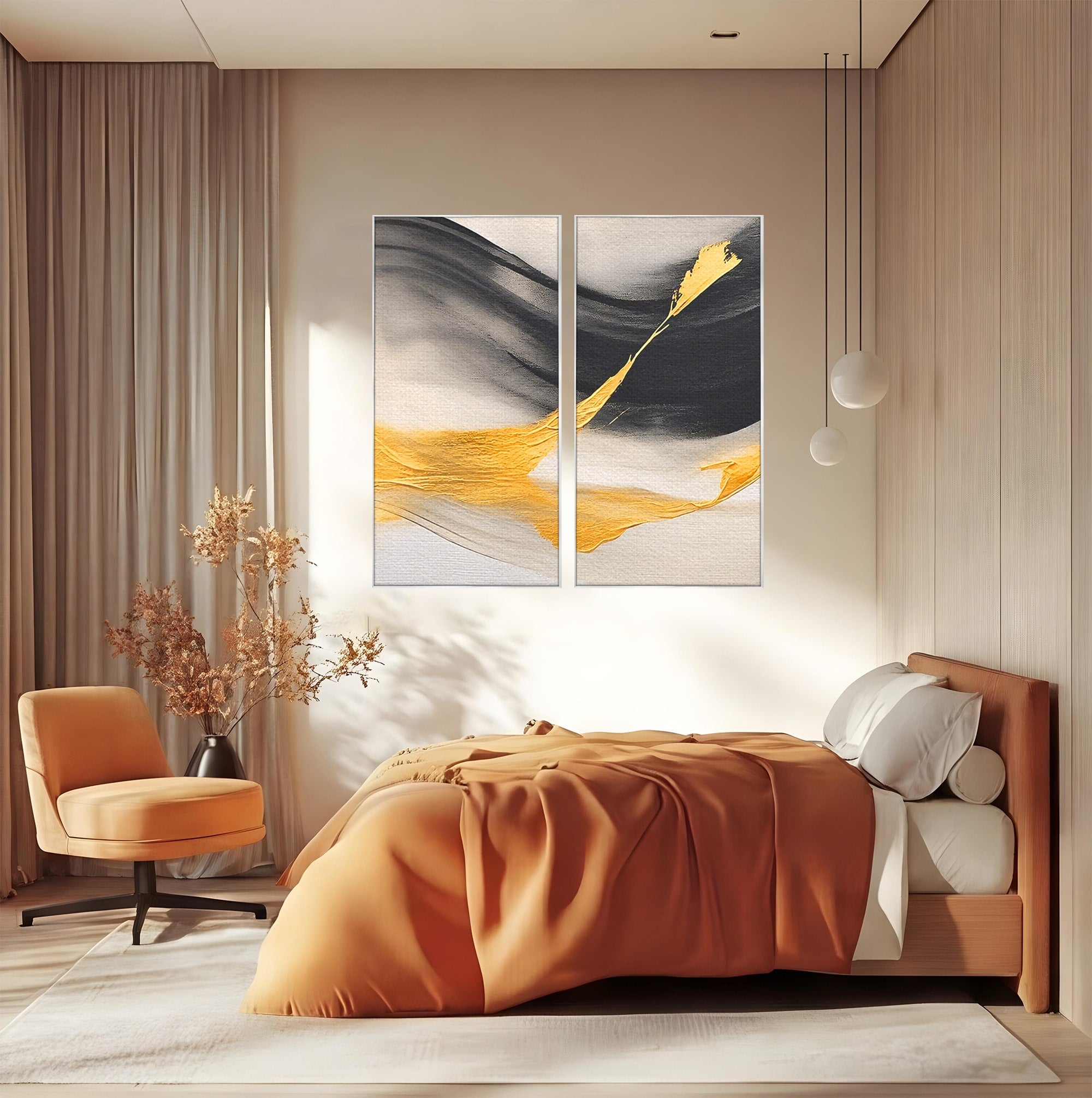 Set 2 Tablouri Canvas Premium LuxCanva® C2-1325, Fluiditate Aurie, Abstract, Modern, Eleganta, Living, Dormitor, Culori Vibrante