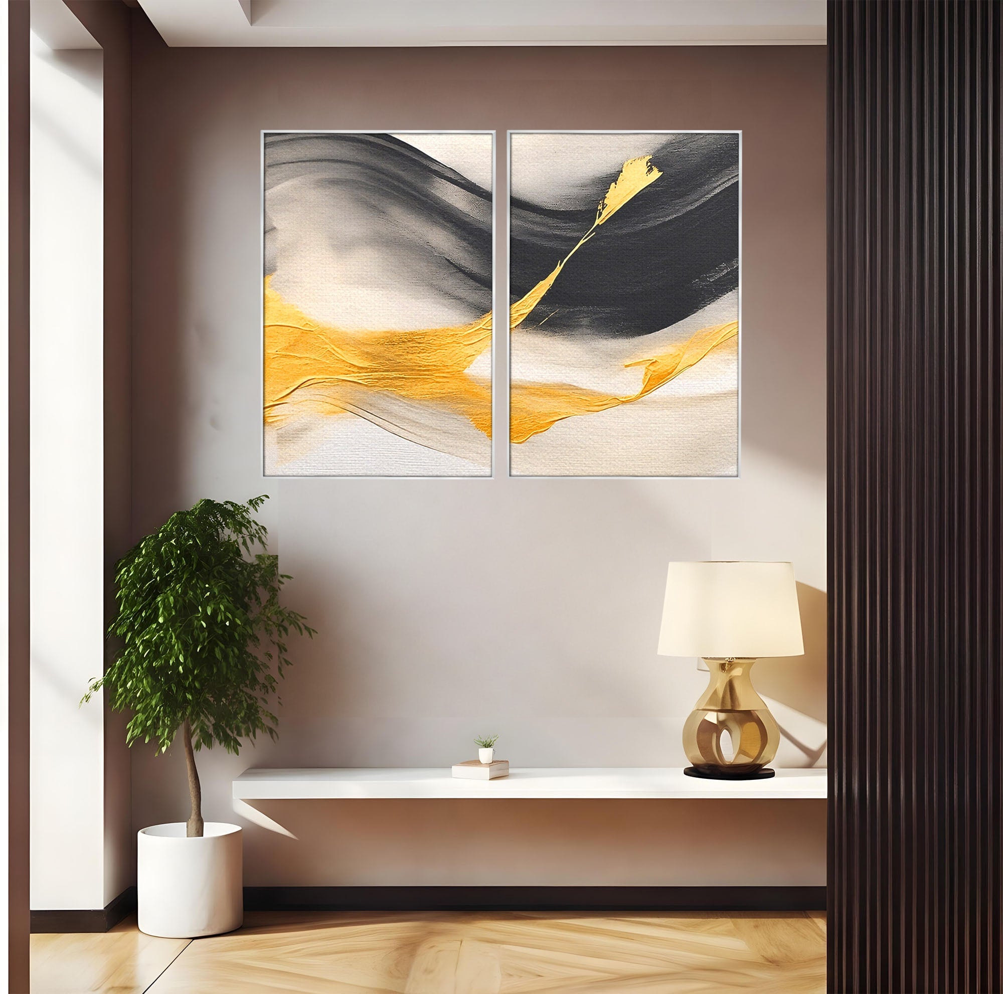 Set 2 Tablouri Canvas Premium LuxCanva® C2-1325, Fluiditate Aurie, Abstract, Modern, Eleganta, Living, Dormitor, Culori Vibrante