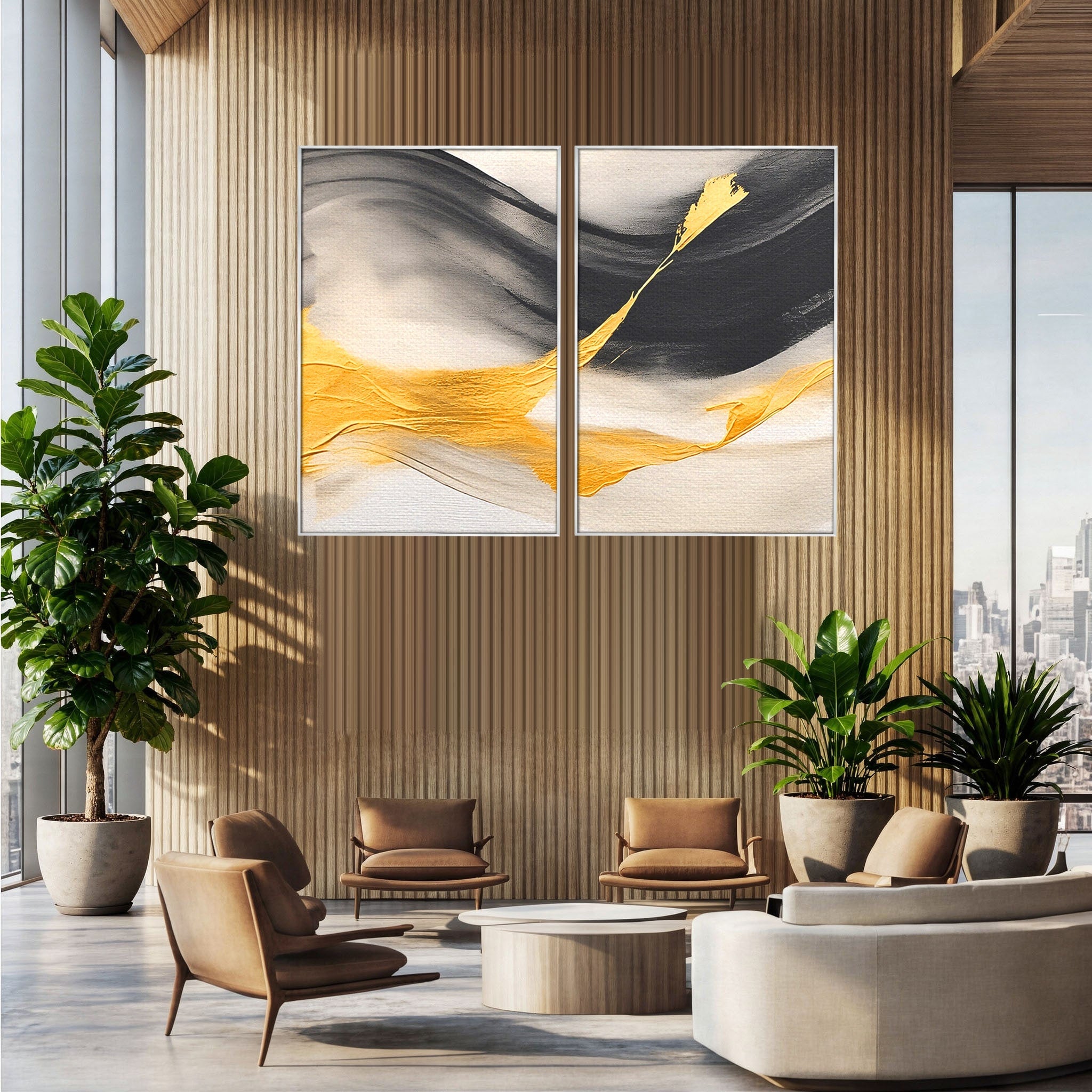 Set 2 Tablouri Canvas Premium LuxCanva® C2-1325, Fluiditate Aurie, Abstract, Modern, Eleganta, Living, Dormitor, Culori Vibrante