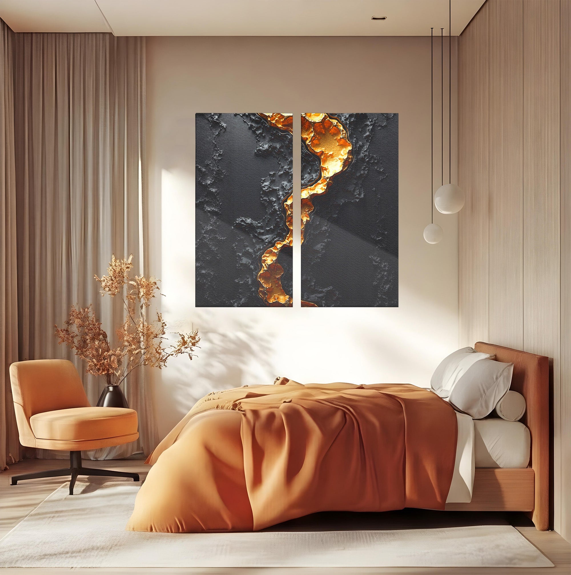 Set 2 Tablouri Canvas Premium LuxCanva® C2-1331, Rau De Aur, Abstract, Textura, Modern, Birou, Eleganta, Culori Vibrante