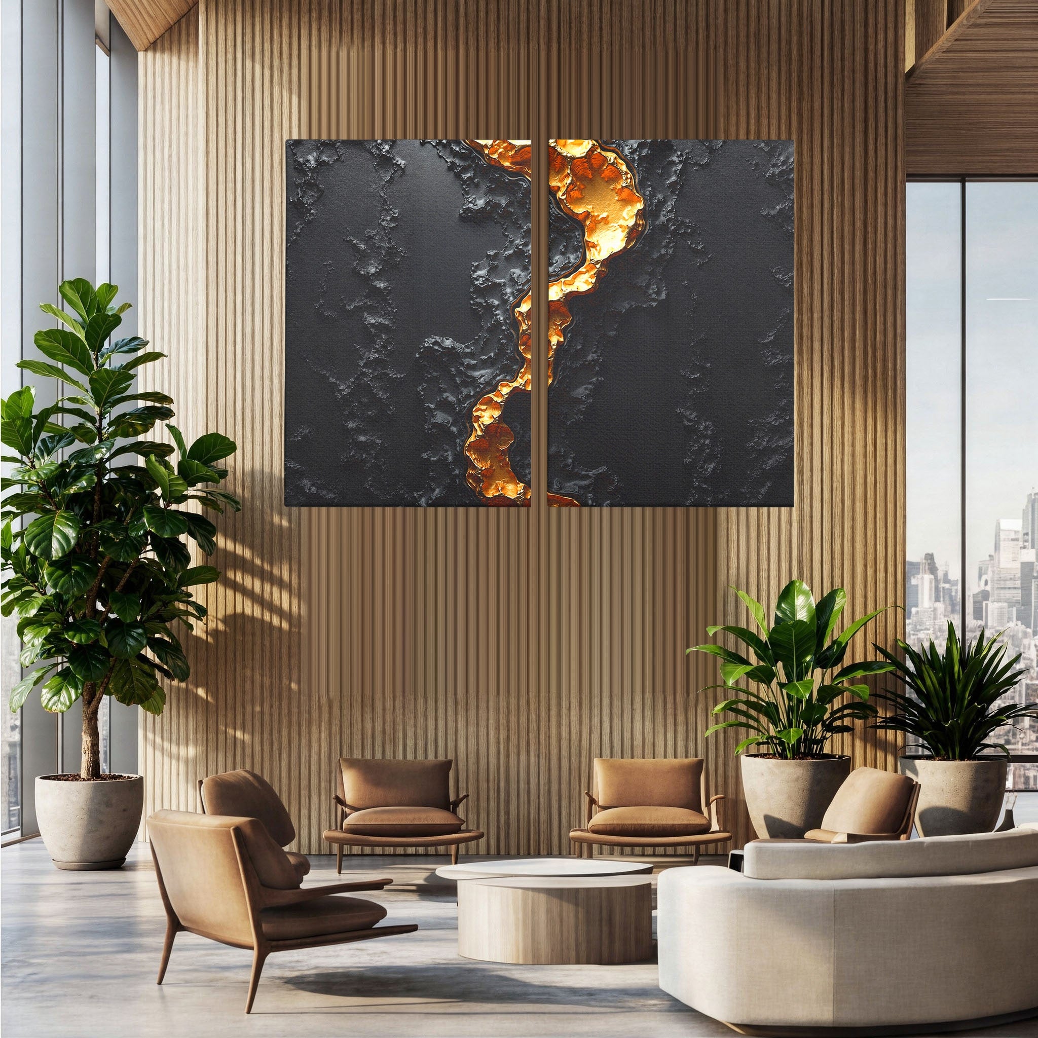 Set 2 Tablouri Canvas Premium LuxCanva® C2-1331, Rau De Aur, Abstract, Textura, Modern, Birou, Eleganta, Culori Vibrante