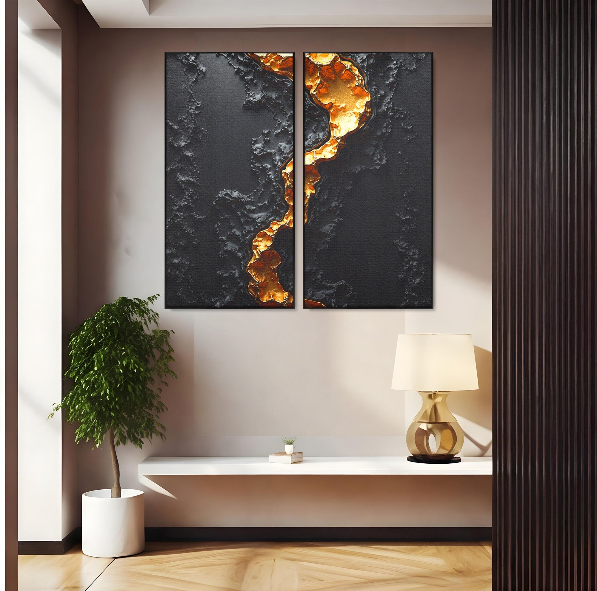 Set 2 Tablouri Canvas Premium LuxCanva® C2-1331, Rau De Aur, Abstract, Textura, Modern, Birou, Eleganta, Culori Vibrante