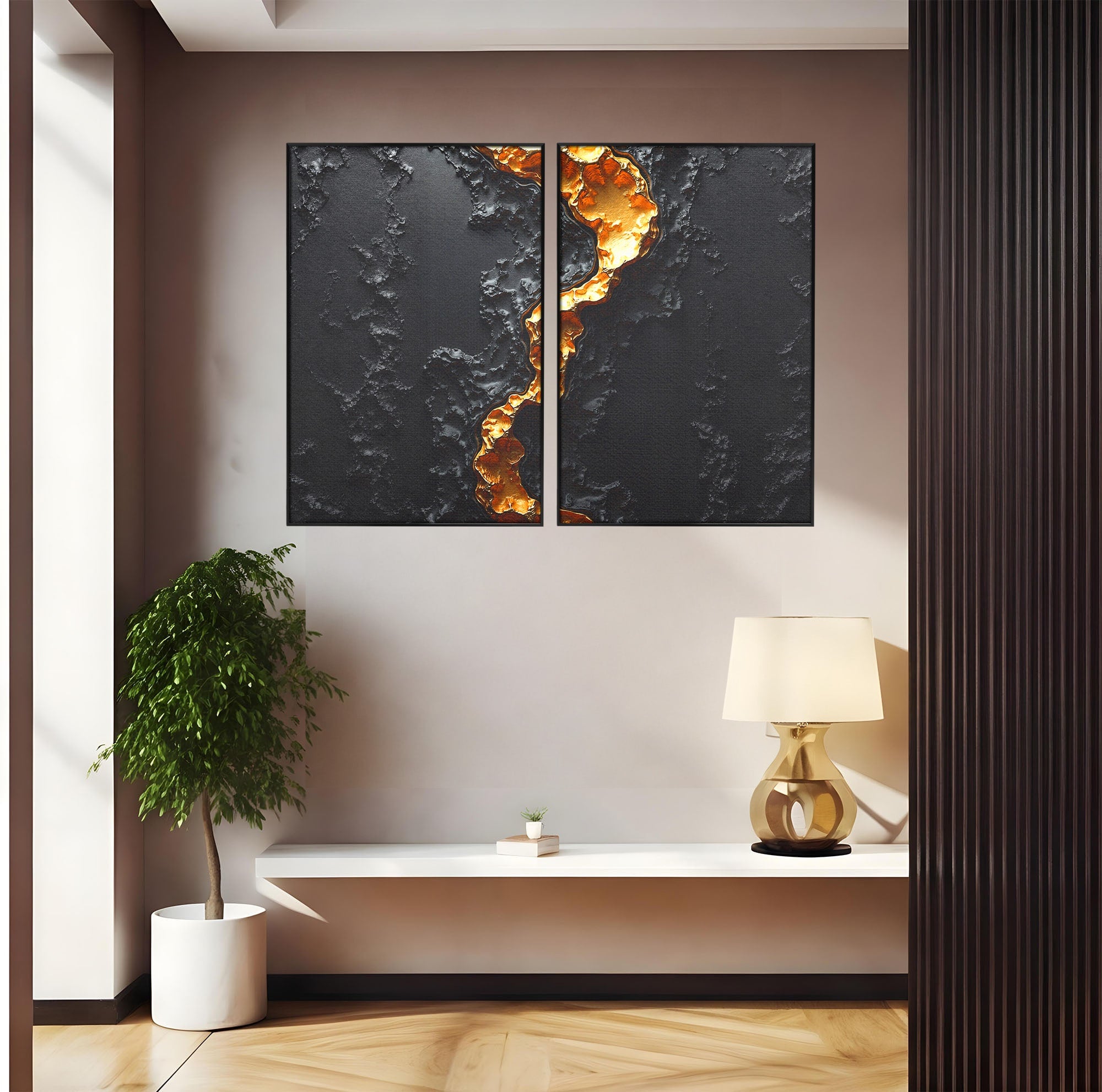 Set 2 Tablouri Canvas Premium LuxCanva® C2-1331, Rau De Aur, Abstract, Textura, Modern, Birou, Eleganta, Culori Vibrante