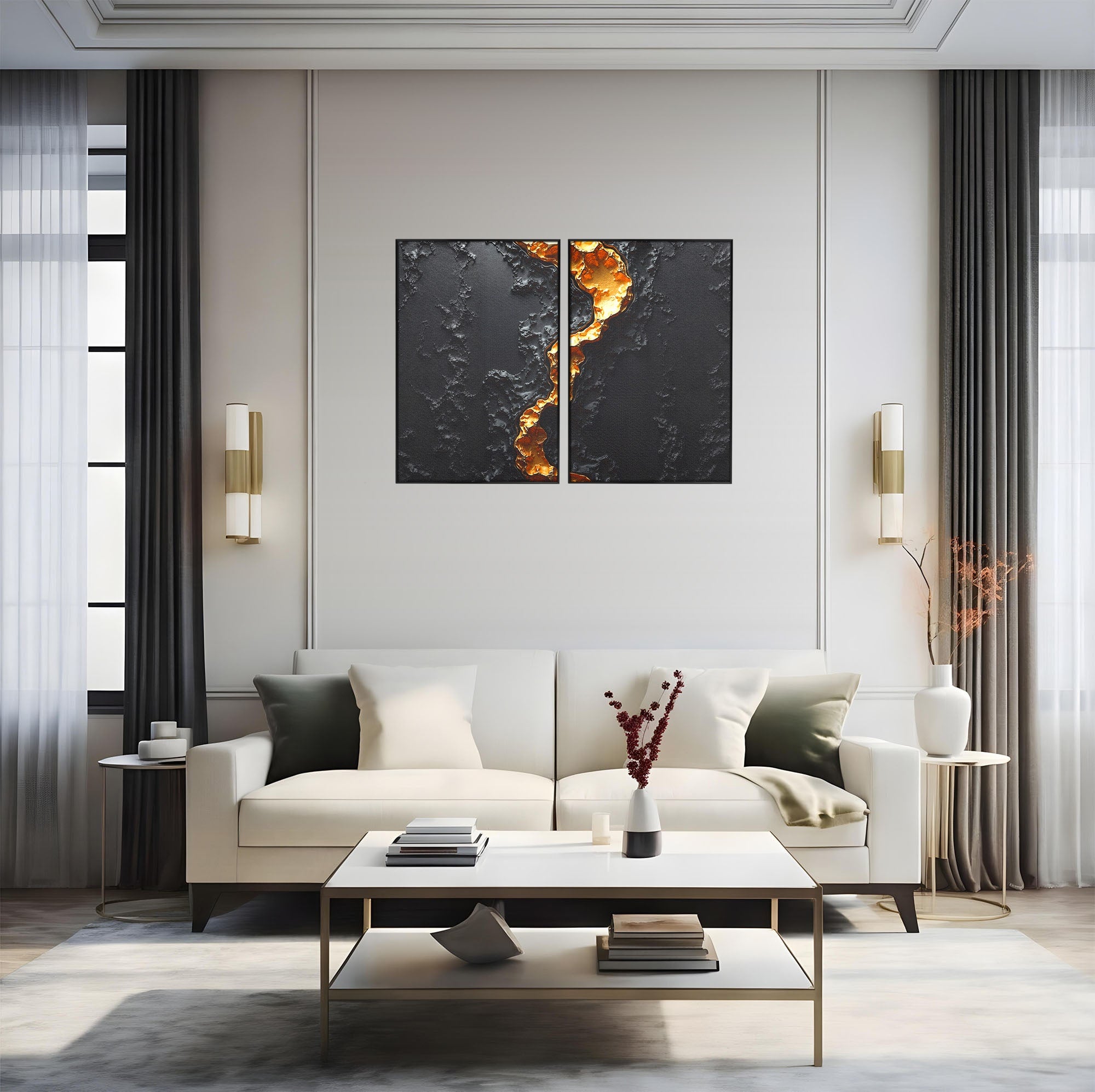 Set 2 Tablouri Canvas Premium LuxCanva® C2-1331, Rau De Aur, Abstract, Textura, Modern, Birou, Eleganta, Culori Vibrante