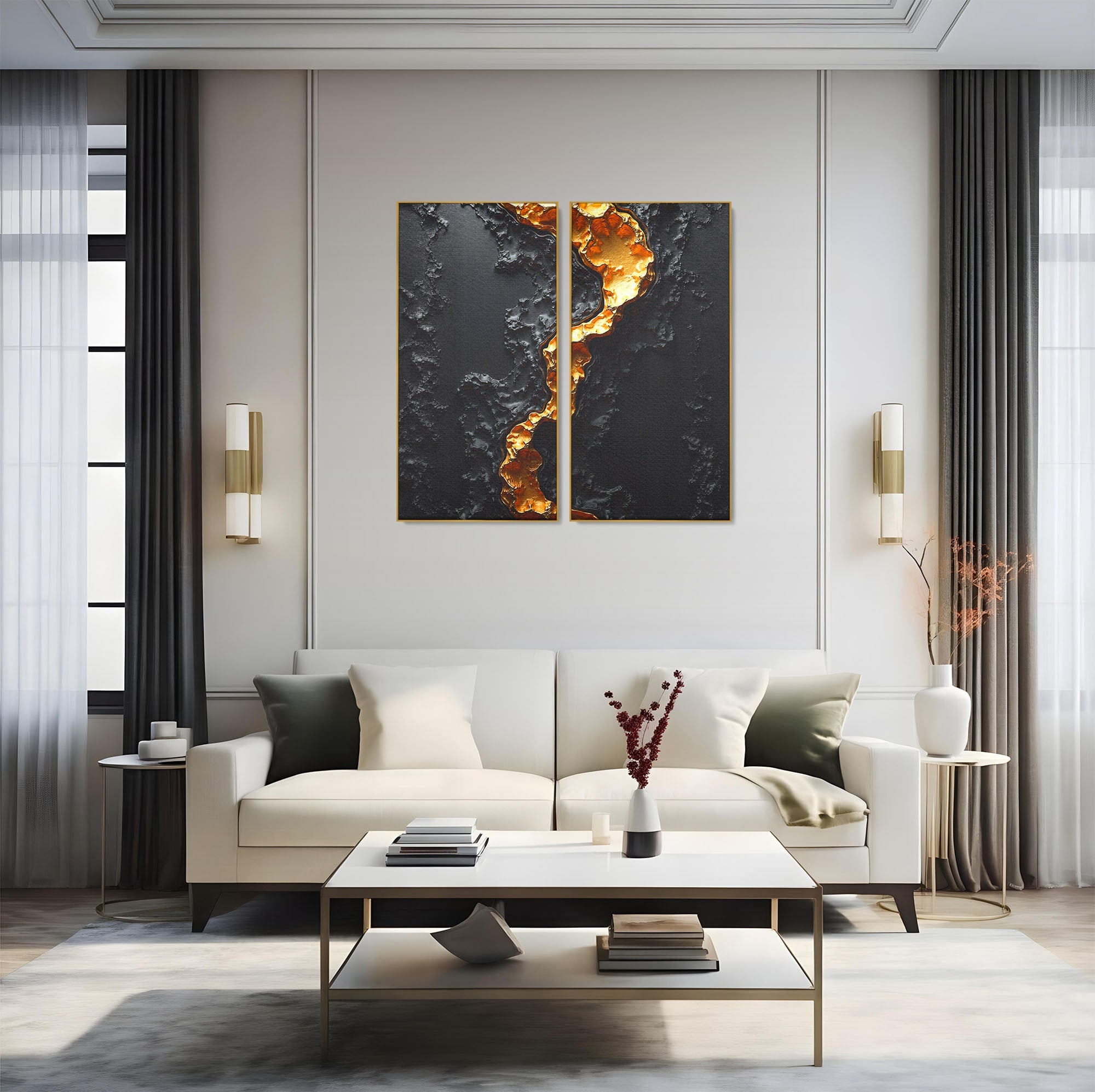 Set 2 Tablouri Canvas Premium LuxCanva® C2-1331, Rau De Aur, Abstract, Textura, Modern, Birou, Eleganta, Culori Vibrante