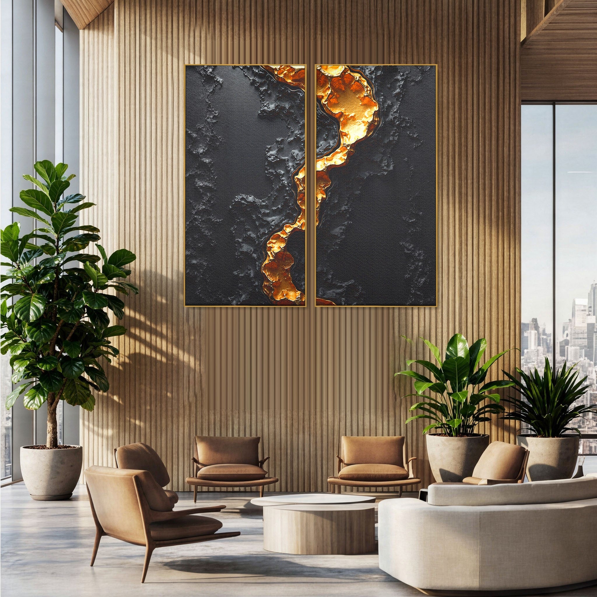 Set 2 Tablouri Canvas Premium LuxCanva® C2-1331, Rau De Aur, Abstract, Textura, Modern, Birou, Eleganta, Culori Vibrante