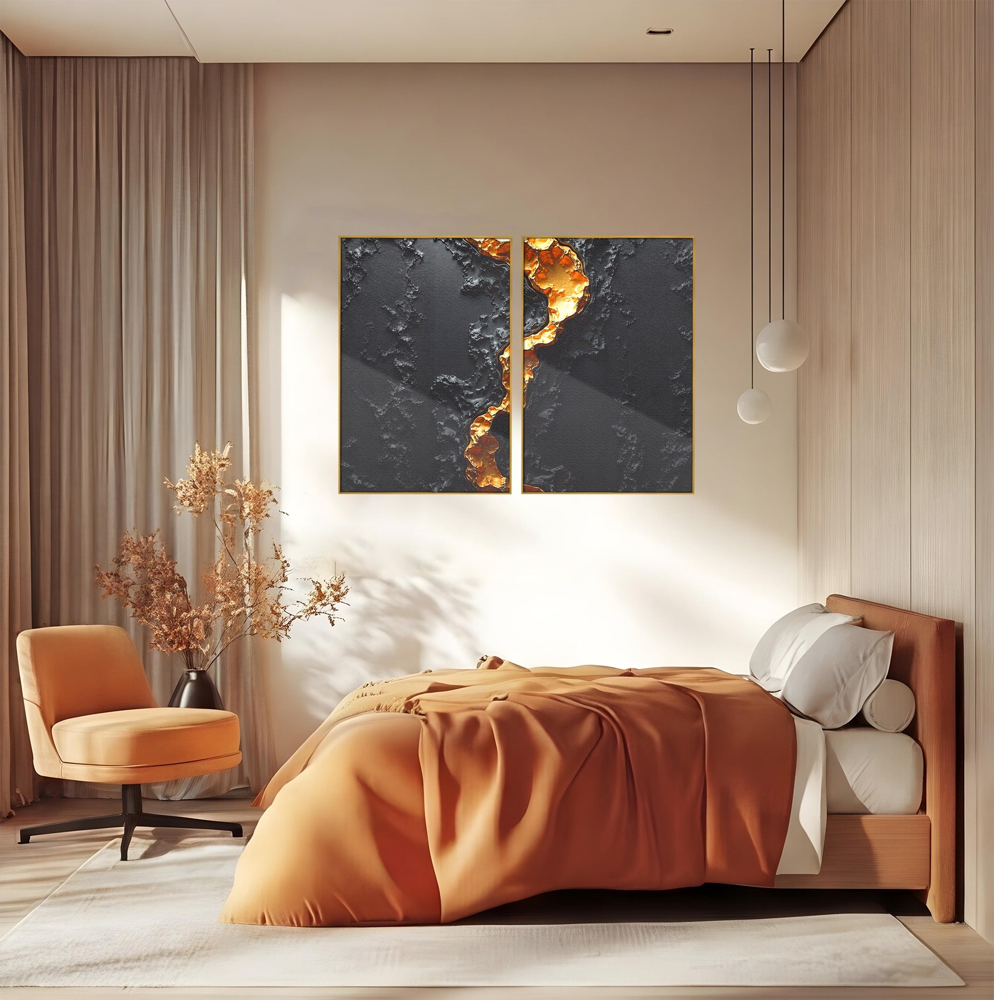 Set 2 Tablouri Canvas Premium LuxCanva® C2-1331, Rau De Aur, Abstract, Textura, Modern, Birou, Eleganta, Culori Vibrante