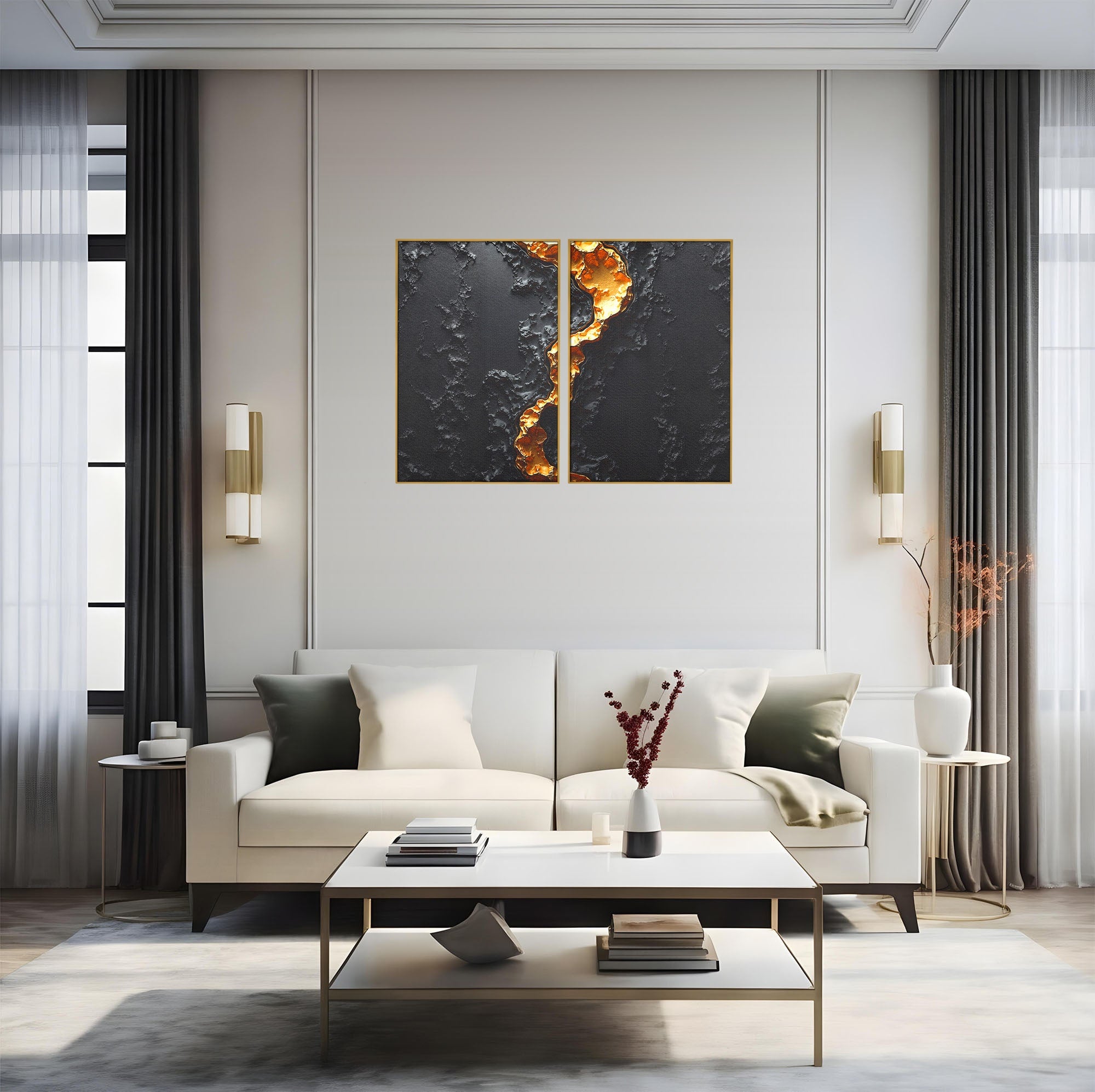 Set 2 Tablouri Canvas Premium LuxCanva® C2-1331, Rau De Aur, Abstract, Textura, Modern, Birou, Eleganta, Culori Vibrante