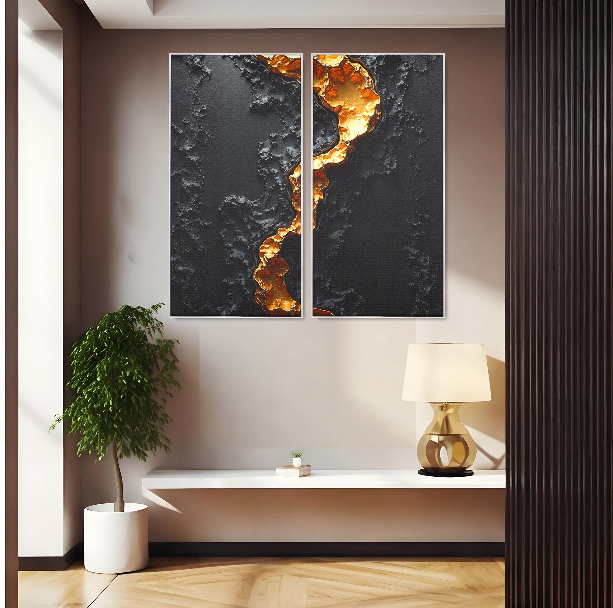 Set 2 Tablouri Canvas Premium LuxCanva® C2-1331, Rau De Aur, Abstract, Textura, Modern, Birou, Eleganta, Culori Vibrante