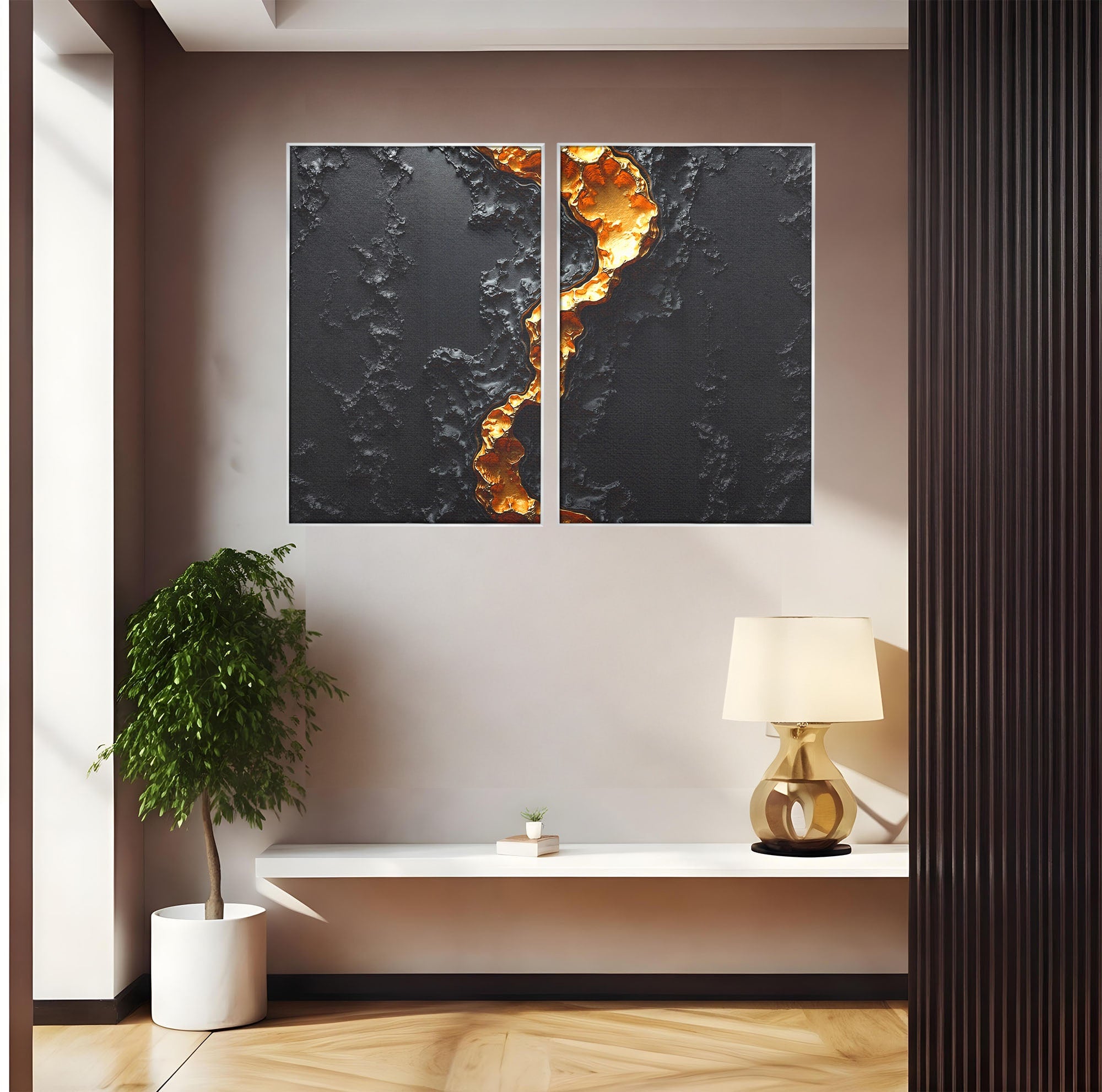 Set 2 Tablouri Canvas Premium LuxCanva® C2-1331, Rau De Aur, Abstract, Textura, Modern, Birou, Eleganta, Culori Vibrante
