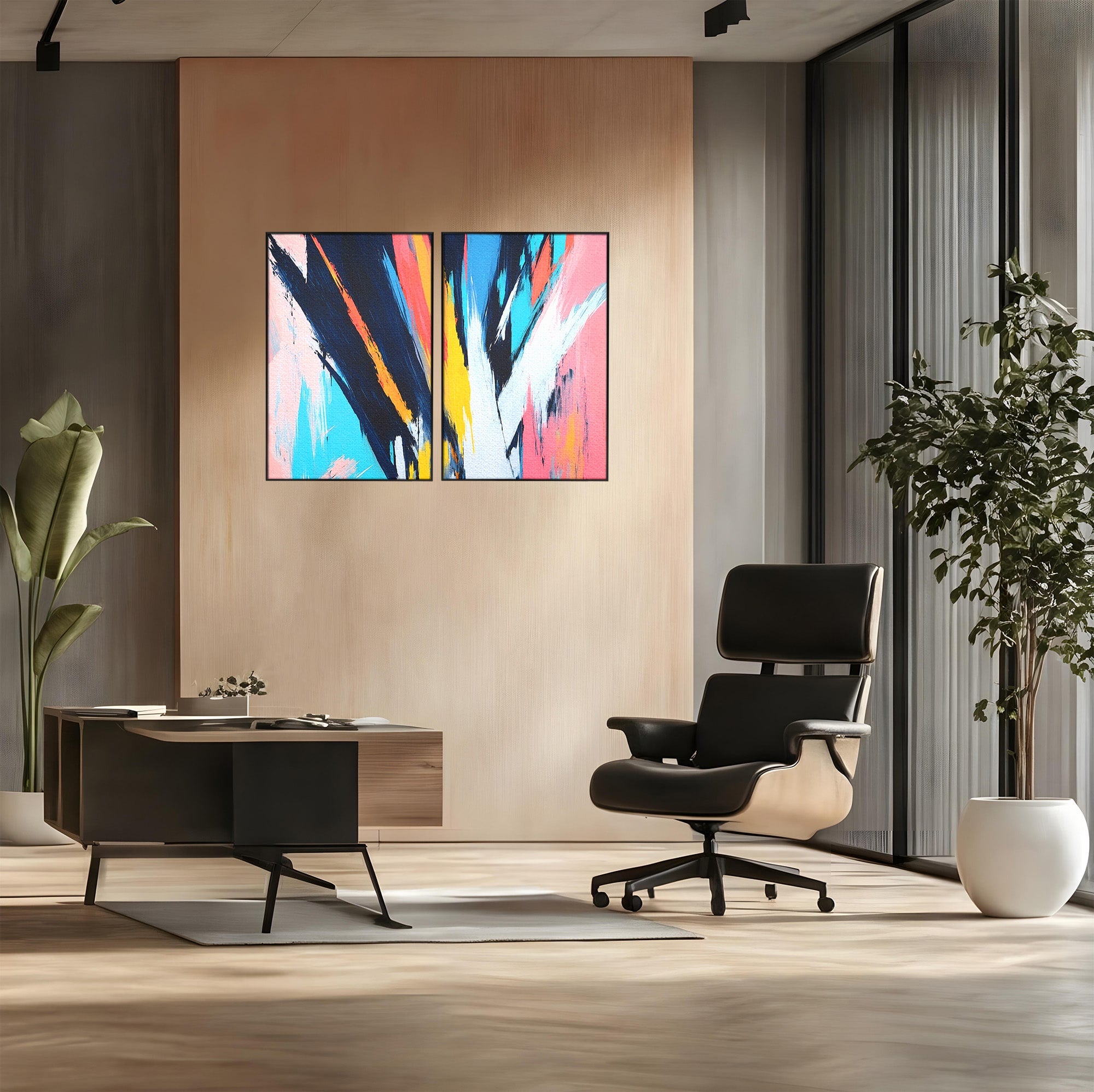 Set 2 Tablouri Canvas Premium LuxCanva® C2-1337, Abstract Dinamic, Abstract, Modern, Energetic, Living, Birou, Culori Vibrante